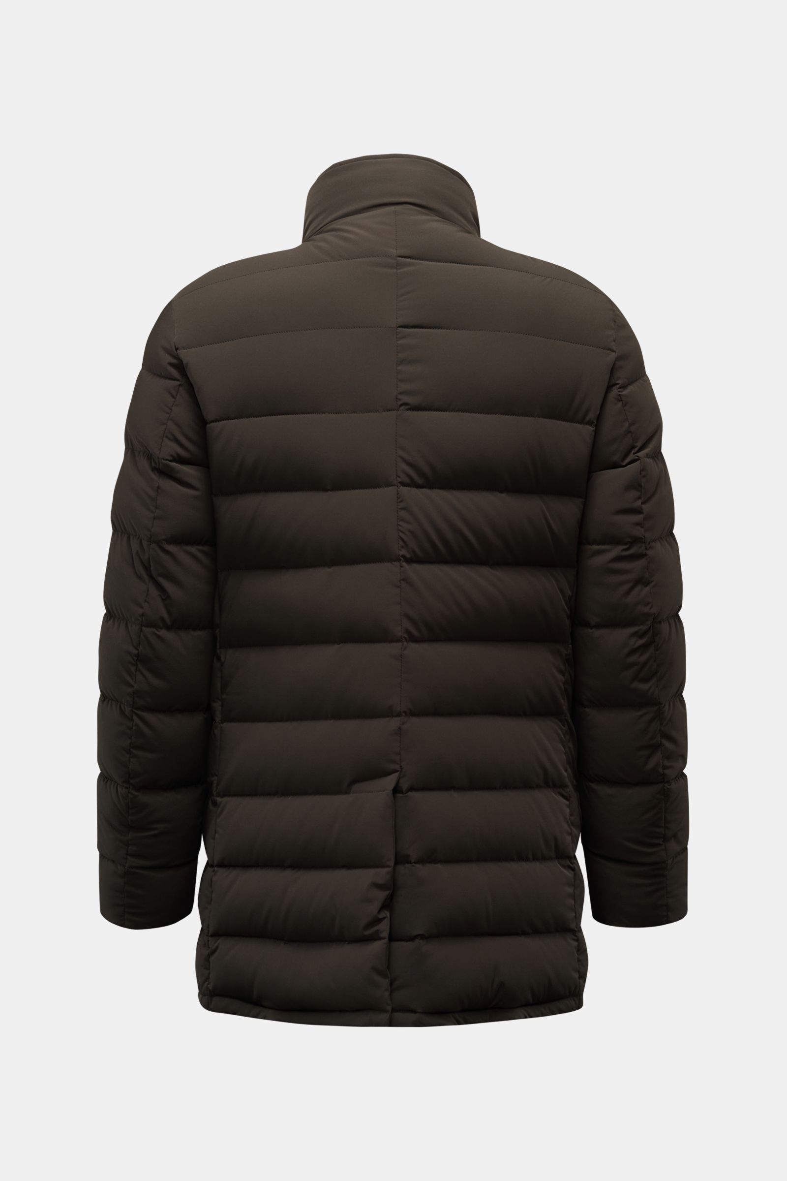 Moorer Daunenjacke 'Calegari' graubraun, Rückansicht, Slim Fit, wasserabweisend, Microfaser, Gänsedaunenfüllung, Stehkragen, Knopfleiste, Innentaschen.