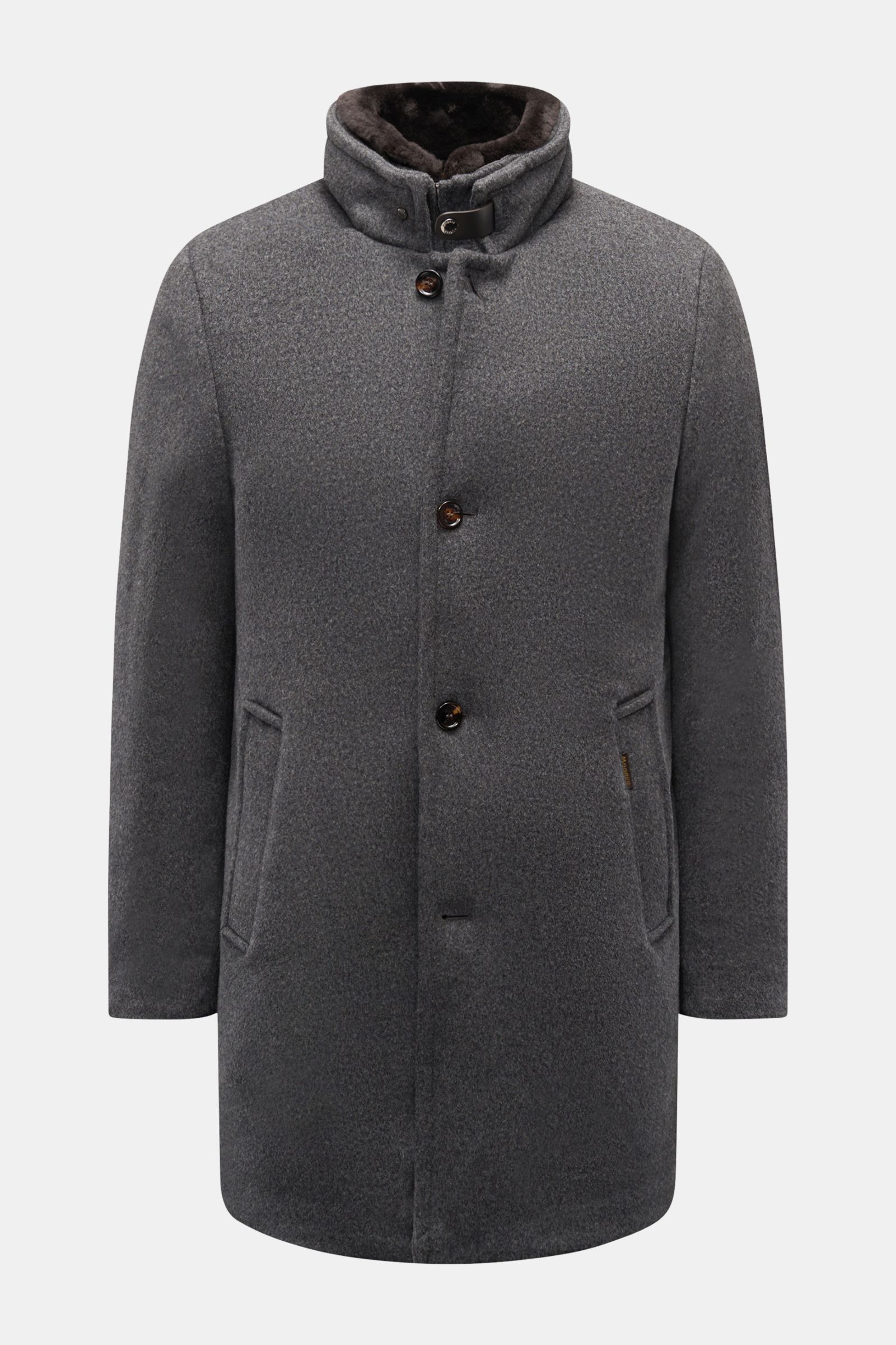 Front view of Moorer Down jacket 'Bond' grey mottled, a slim fit winter coat with a four-button placket, wool-cashmere blend, detachable fur collar, padded double front, warm down lining, slanted hip pockets, quilted lining, and three inside pockets, desi