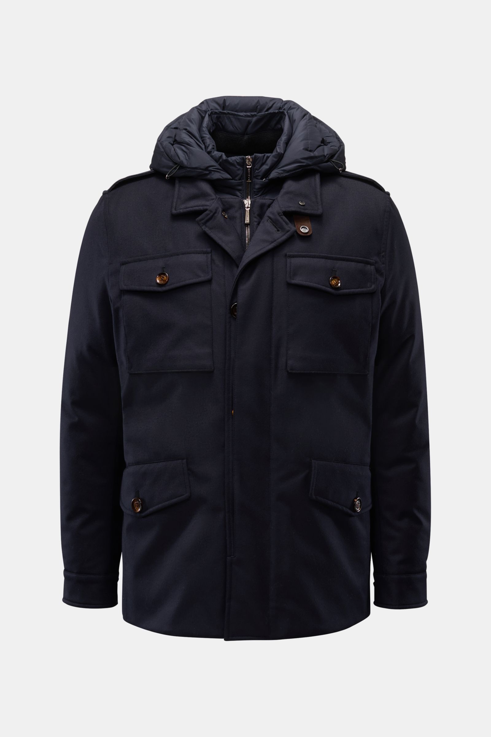 Front view of the Moorer Daunenjacke 'Isac' navy, a stylish winter jacket with a water-repellent wool blend, goose down filling, removable double-front, regular fit, two-way zipper, wind flap with hidden buttons, stand collar with snap closure, detachable