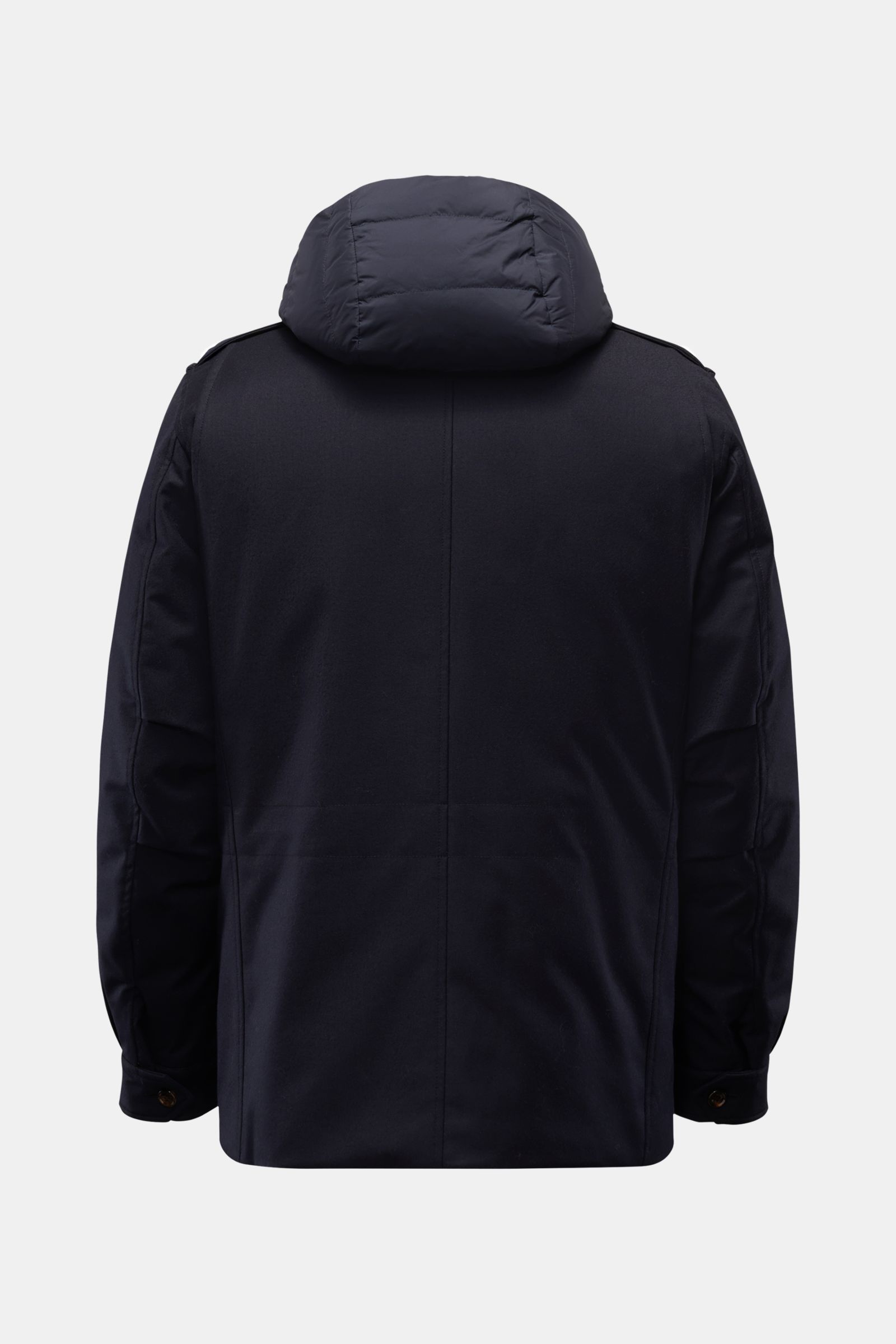 Rear view of Moorer Daunenjacke 'Isac' navy, a stylish, water-repellent wool-cashmere blend jacket with detachable microfiber double-front and down filling.

Stilvoll durch kalte Tage: Die Jacke 'Isac' von MOORER überzeugt mit einem edlen, wasserabweis