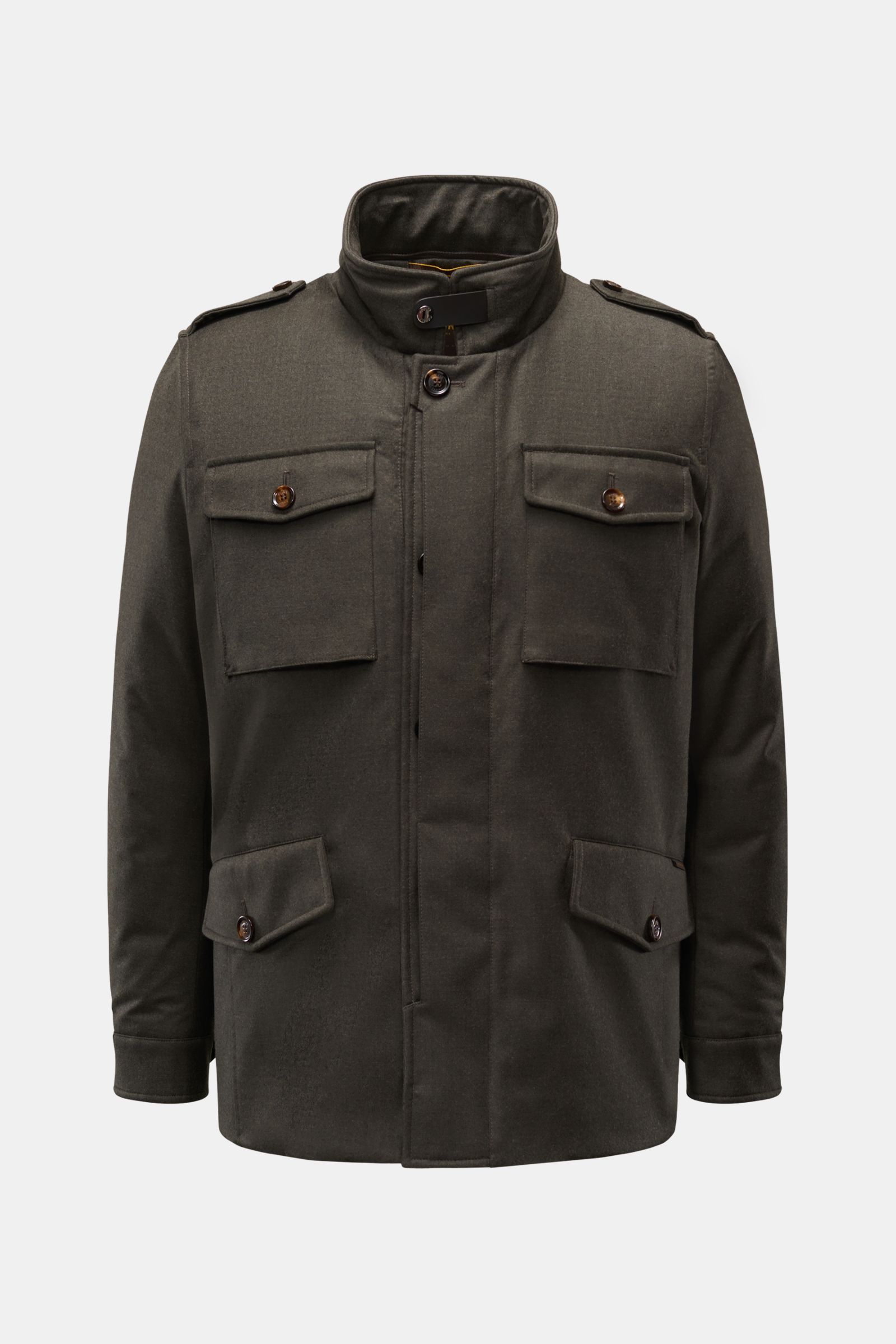 Front view of Moorer Daunenjacke 'Isac' oliv meliert, a stylish olive-green mixed wool jacket with buttoned flap pockets, high collar, and regular fit.

Stilvoll durch kalte Tage: Die Jacke 'Isac' von MOORER überzeugt mit einem edlen, wasserabweisenden