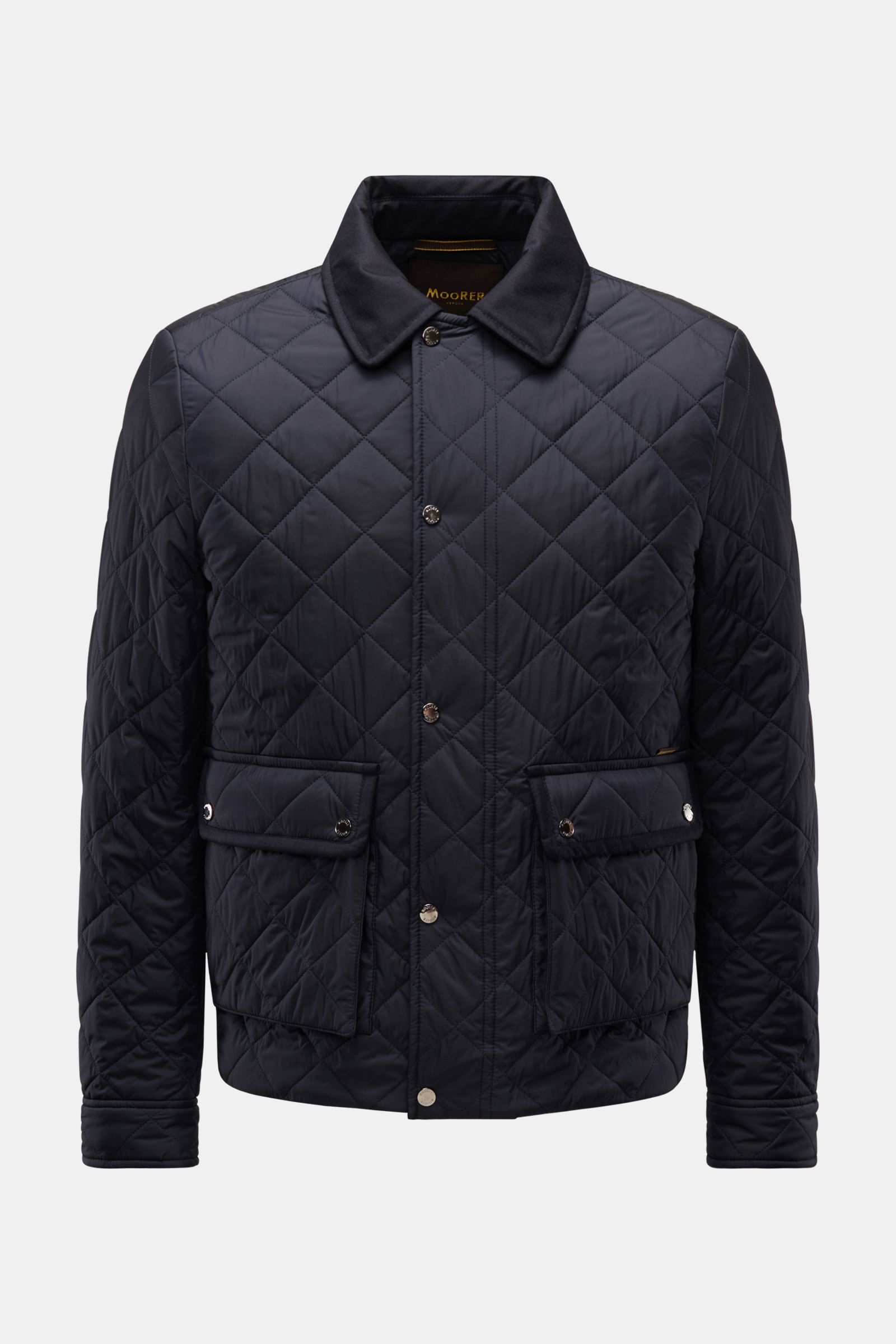 Front view of Moorer Daunenjacke 'Zavyer' dark navy quilted jacket with diamond stitching, buttoned pockets, smooth cotton, leather collar details, lightweight down filling, water-repellent, slim fit, two-way zipper, wind flap with buttons, classic chest 