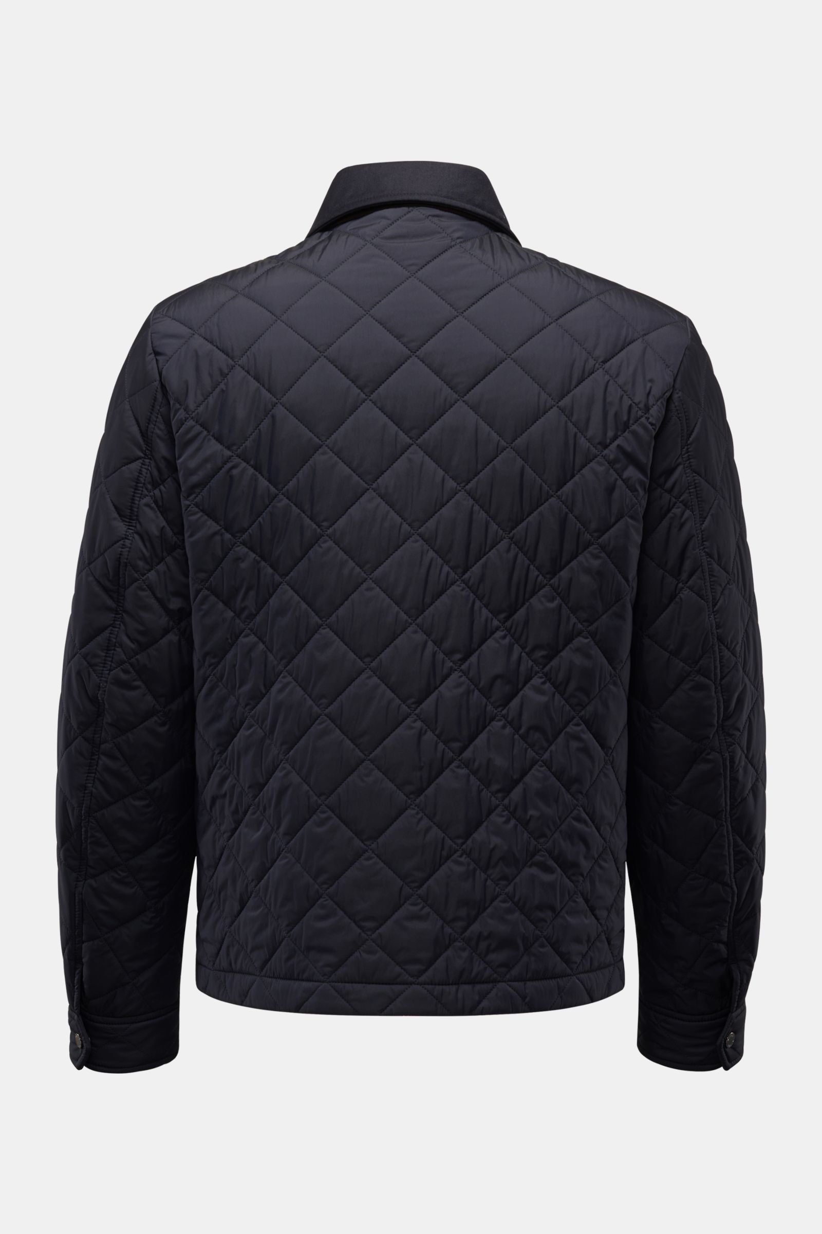 Rear view of Moorer Daunenjacke 'Zavyer' dark navy, a slim fit quilted jacket with water-repellent cotton, light down filling, leather collar details, two-way zipper, buttoned wind flap, classic chest pocket, flap hip pockets, smooth lining, and two inner