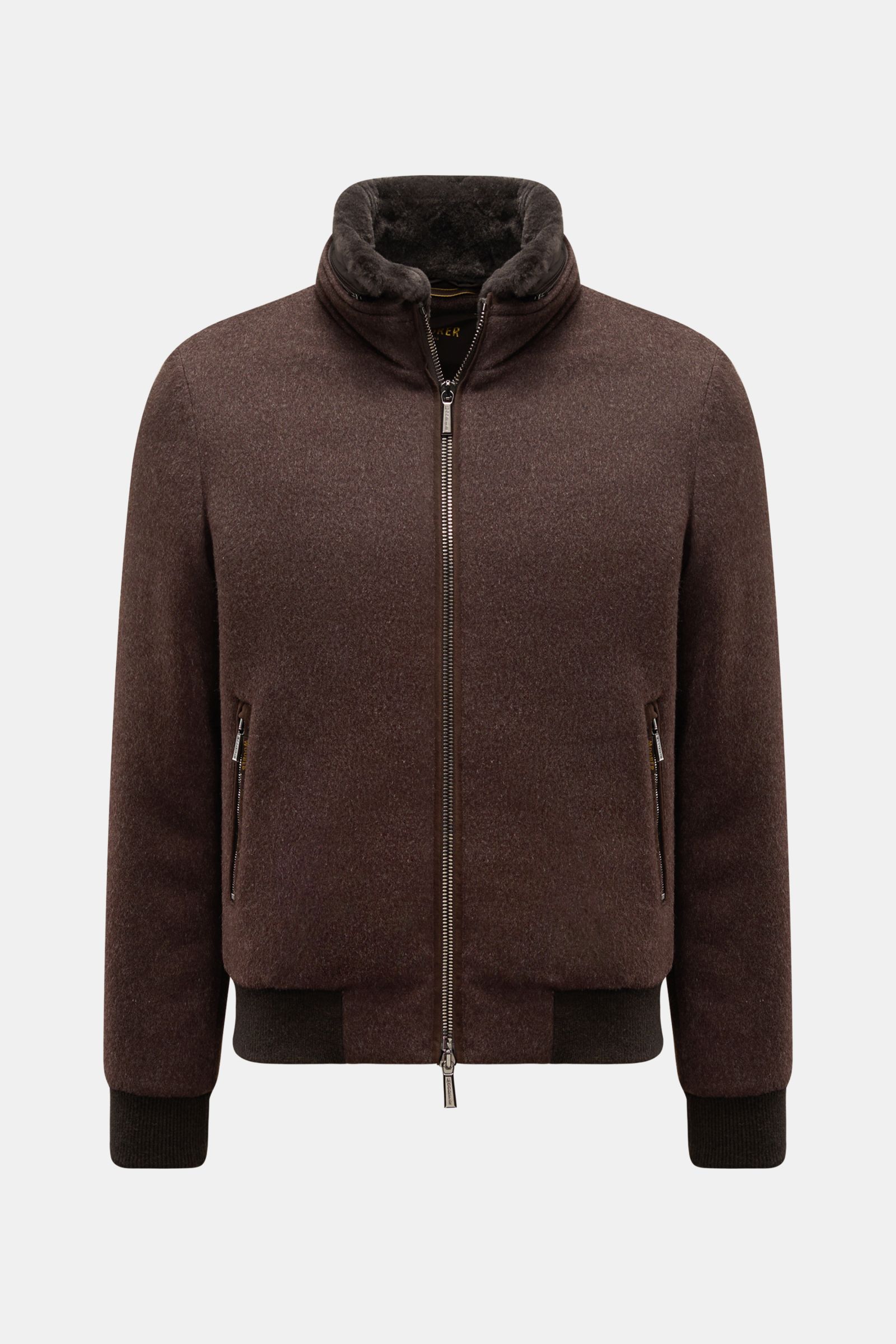 Moorer Daunenblouson 'Bellati' dunkelbraun, frontale Ansicht, Slim Fit, Wolle/Cashmere, gestrickte Außenseite, Daunenfüllung, Zipper-Taschen, Stehkragen mit abnehmbarem Lammfell.