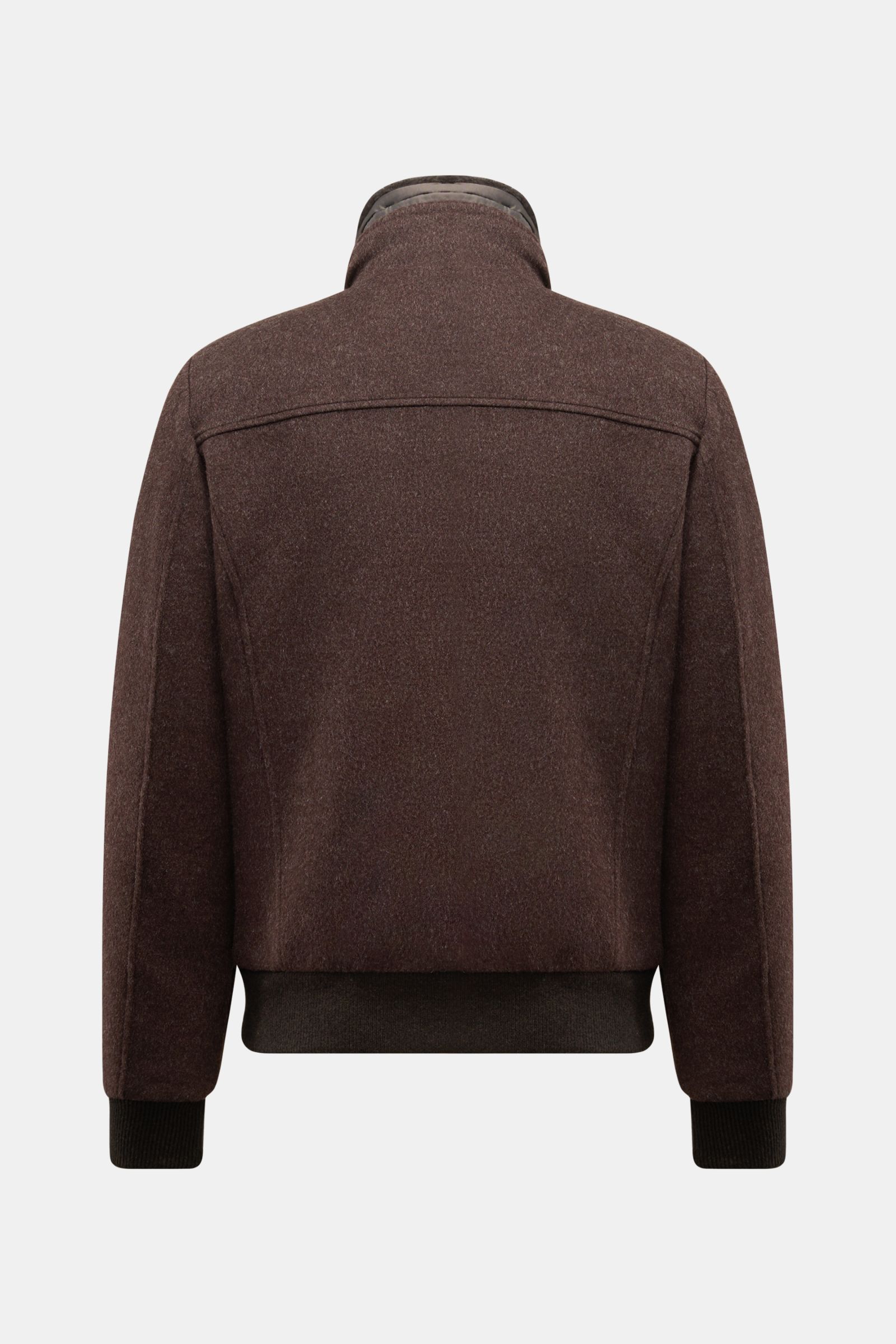 Moorer Daunenblouson 'Bellati' dunkelbraun, Rückansicht, Slim Fit, Mix aus Wolle und Cashmere, gestrickte Außenseite, leichte Daunenfüllung, schmaler Stehkragen, elastische Abschlüsse, abnehmbarer Lammfellbesatz, glattes Innenfutter, zwei Innentaschen.