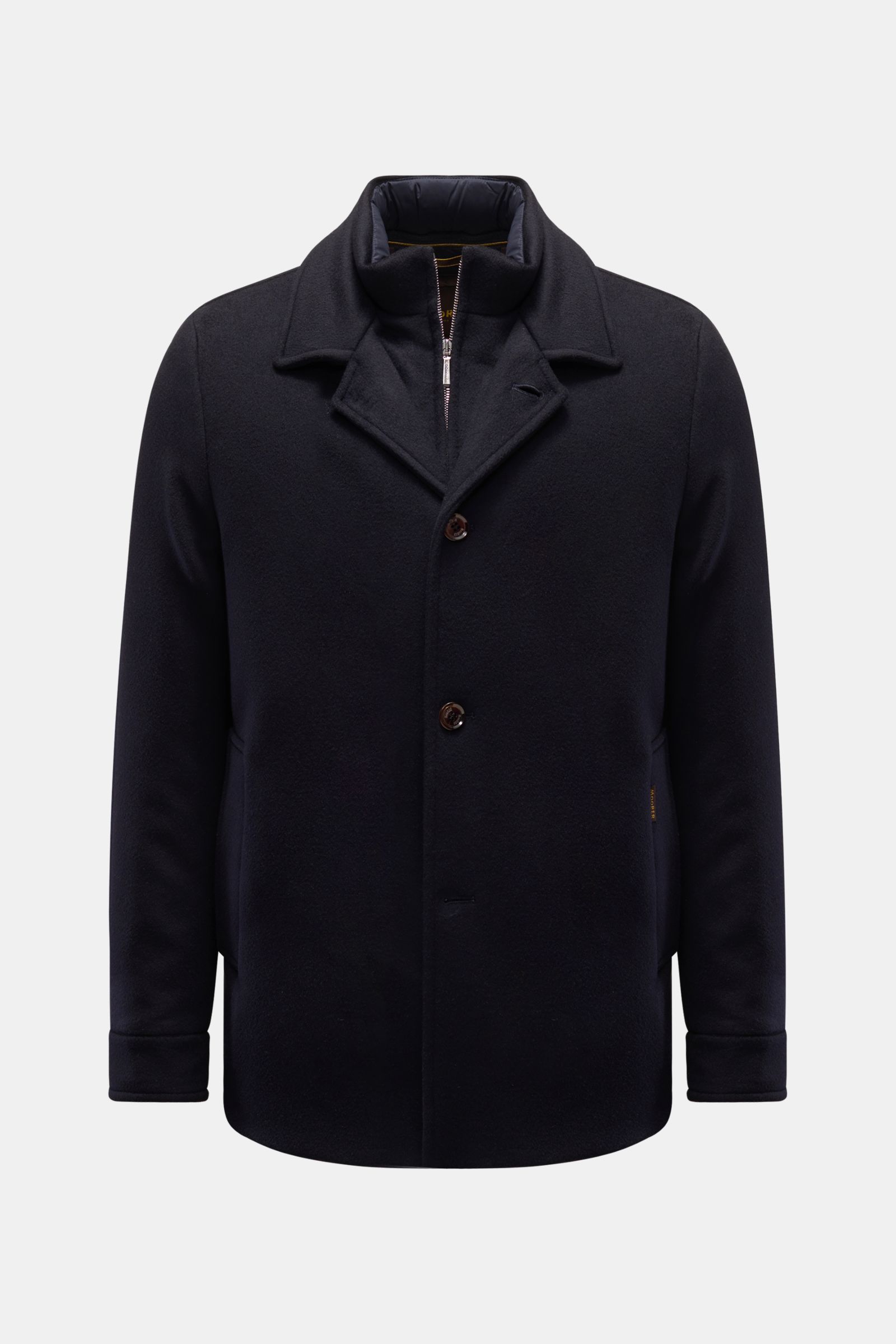 Front view of Moorer Cashmere Daunenjacke 'Mendel' navy, a slim fit jacket made from pure cashmere with soft touch, removable double-front, warm down filling, four-button placket, variable collar, slanted welt pockets, buttoned cuffs, quilted lining, and 