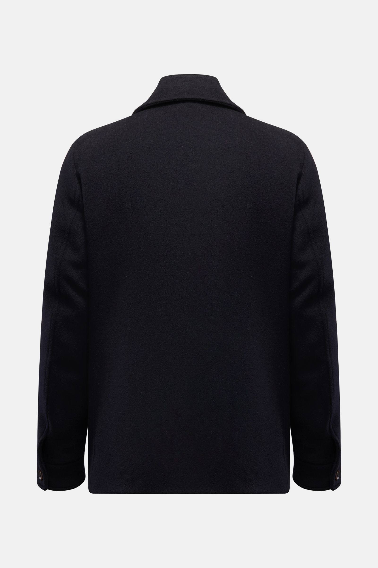 Rear view of Moorer Cashmere Daunenjacke 'Mendel' navy jacket, made from pure cashmere with soft touch, slim fit, variable collar, and buttoned sleeve cuffs.