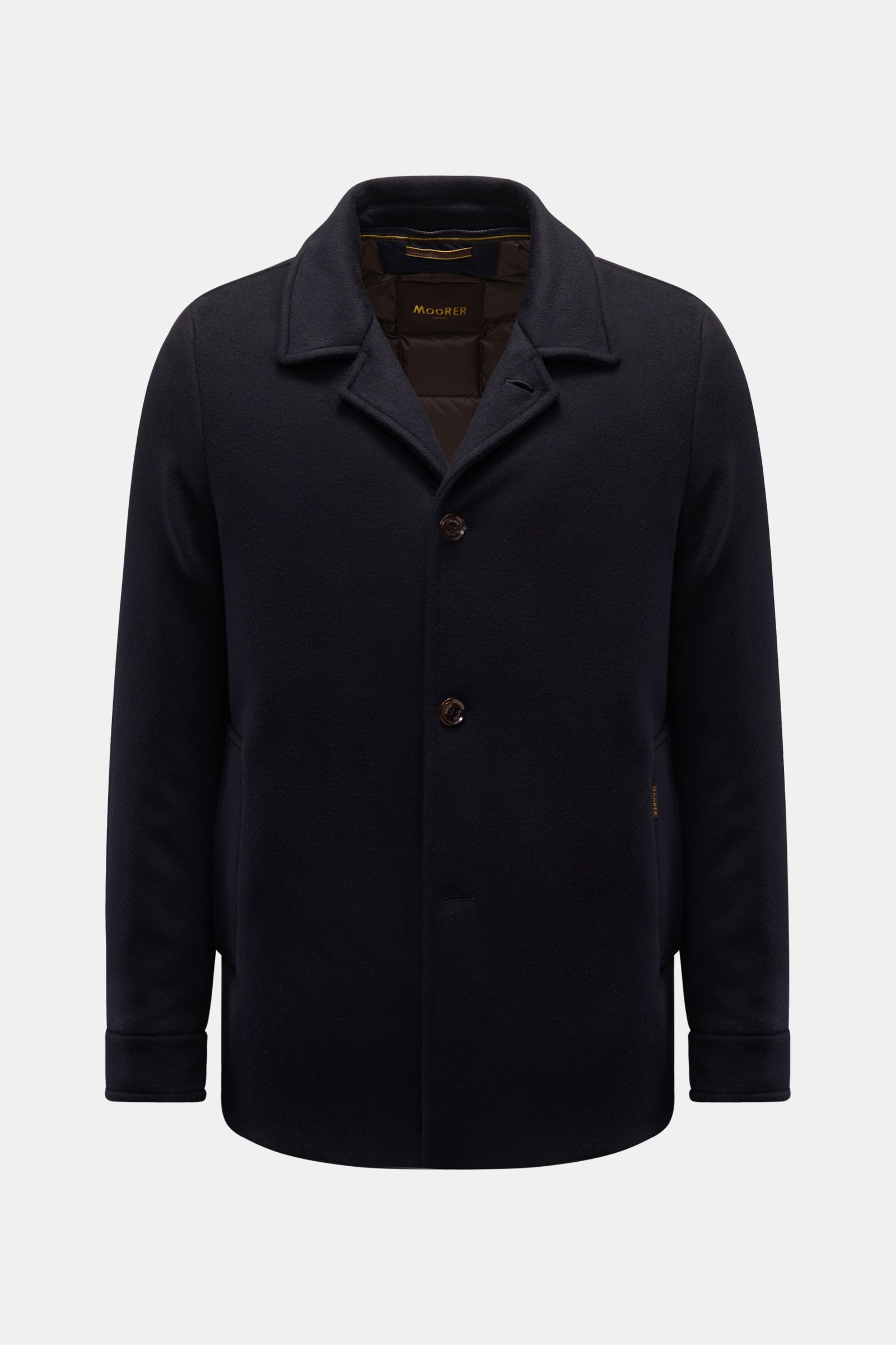 Front view of Moorer Cashmere Daunenjacke 'Mendel' navy, a slim fit jacket made from pure cashmere with soft touch, featuring a removable double-front, warm down filling, four-button placket, variable collar, slanted welt pockets, buttoned sleeve cuffs, q