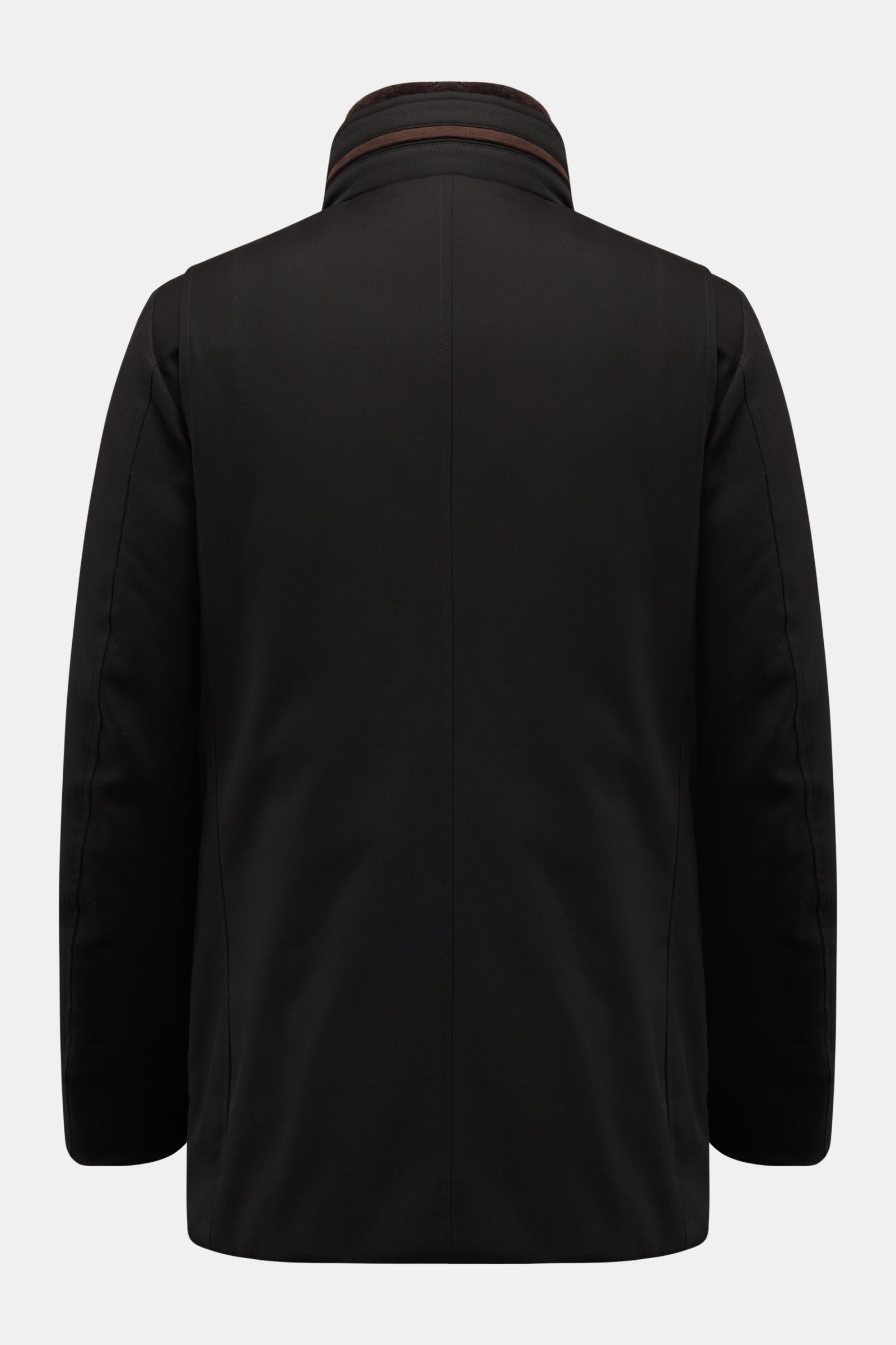 Rear view of Moorer Daunenjacke 'Drive Pum' schwarz, a slim fit black down jacket with wind- and water-repellent microfiber and viscose blend, padded double-front, warm down filling, five-button placket, stand collar with button tab, removable fur trim, h