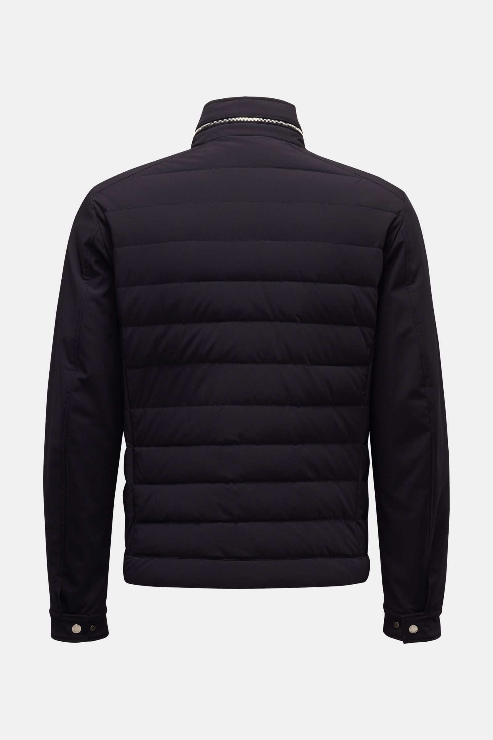 Moorer Daunenjacke 'Filippo' dark navy, Rückansicht, wasserabweisend, Slim Fit, Stehkragen mit verstaubarer Kapuze, Gänsedaunenfüllung, Druckknöpfe an Ärmeln.