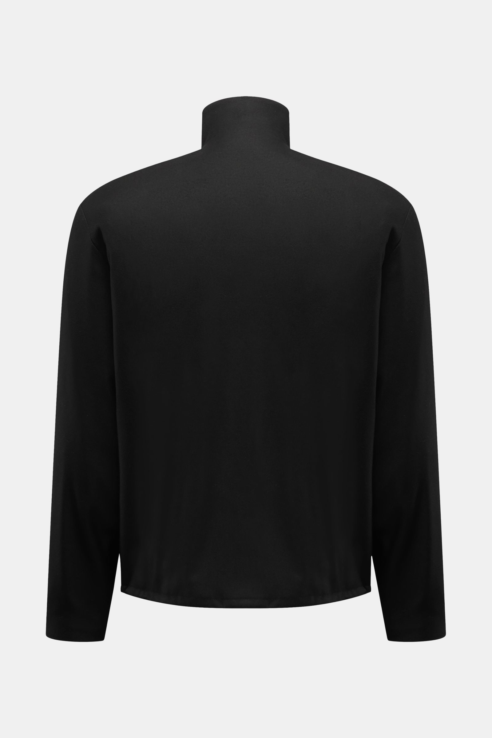 Rear view of Kiefermann Jacke 'Josepp' schwarz, a slim fit jacket made from a mix of viscose and microfiber with light stretch, fine twill texture, soft touch, very lightweight quality, a high-standing collar, robust zipper, angled welt pockets, and adjus