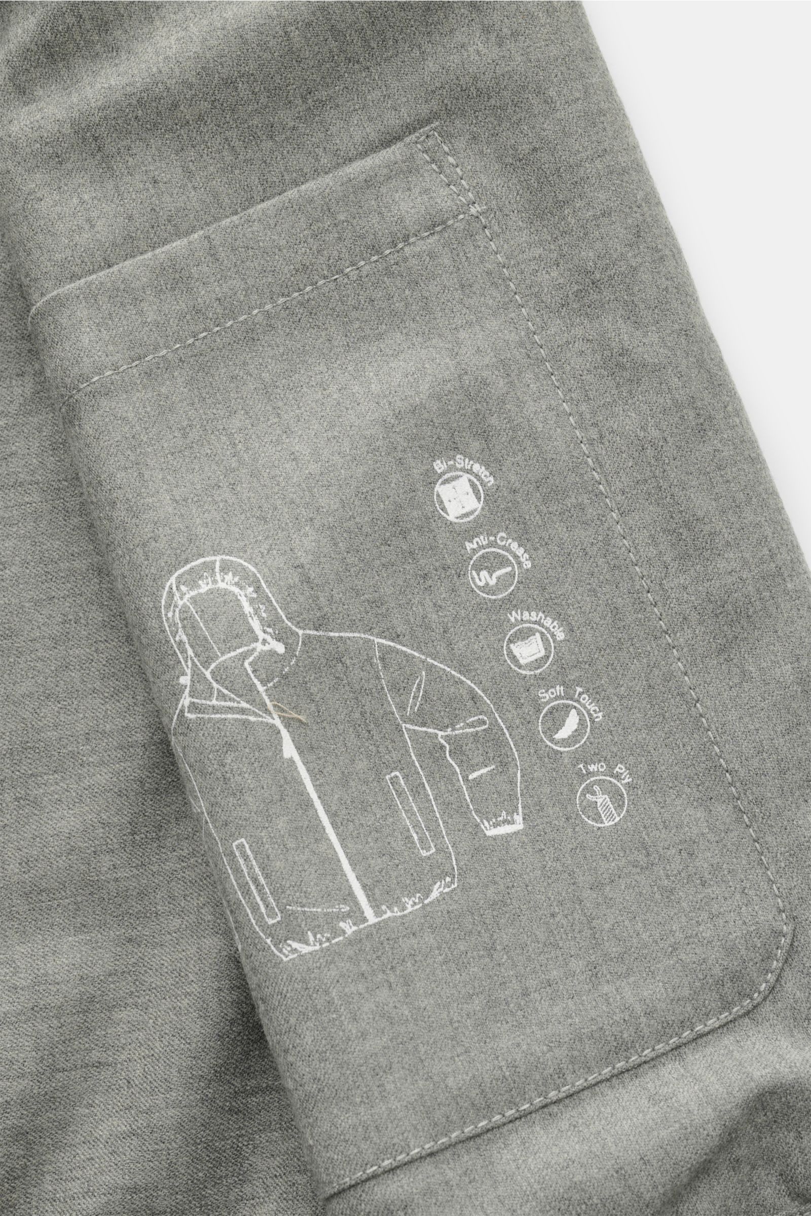 The Product is the Hero Blouson 'Billy' grau meliert, Detailansicht der Innentasche mit weißem Druck, weiches, knitterfreies Wollmaterial.