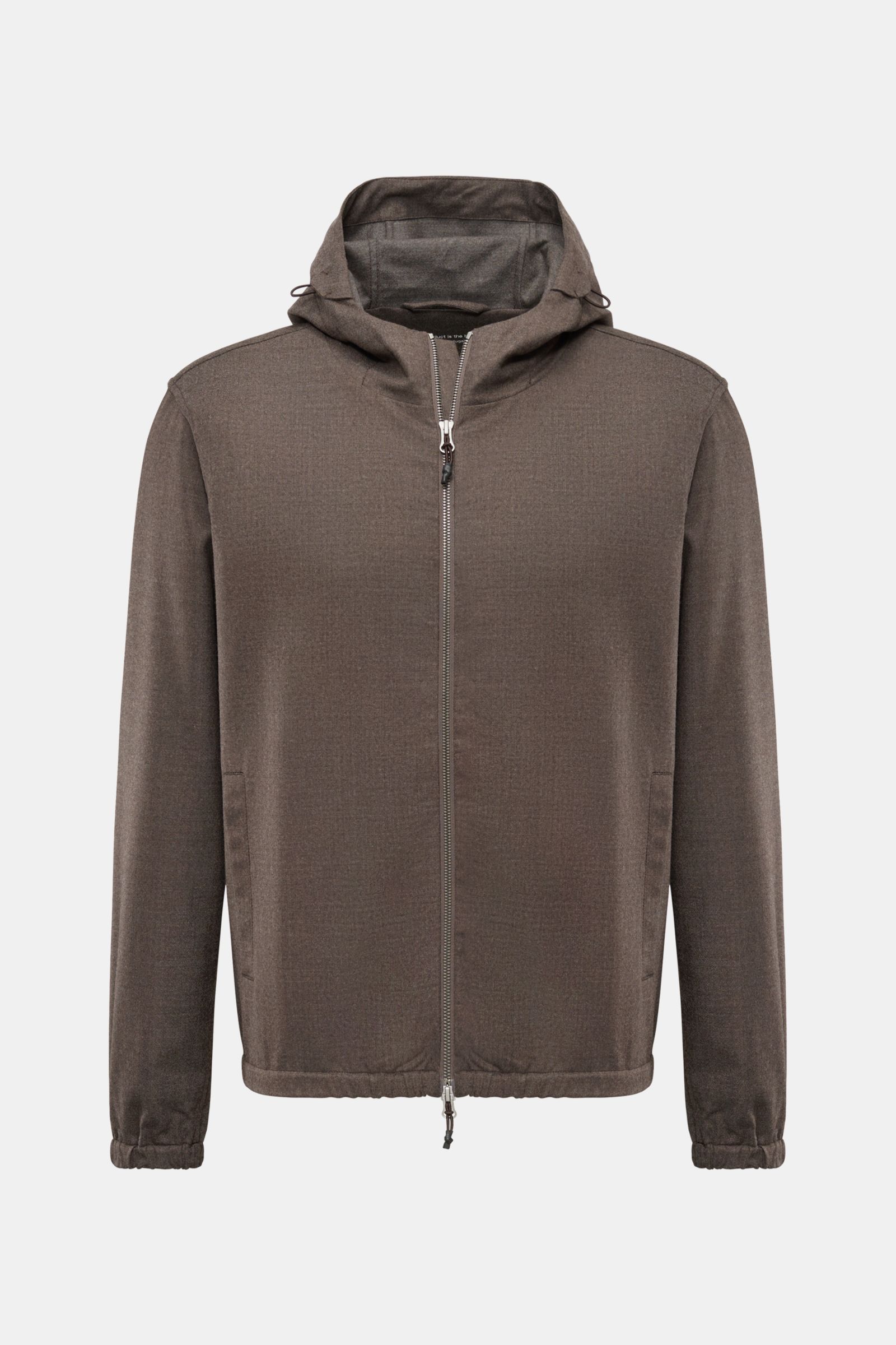 The Product is the Hero Blouson 'Billy' grey-brown mottled shown from the front, slim fit with drawstring hood, two-way zip, slanted hip pockets, elastic hem and cuffs, made of soft, crease-resistant virgin wool and microfiber blend.