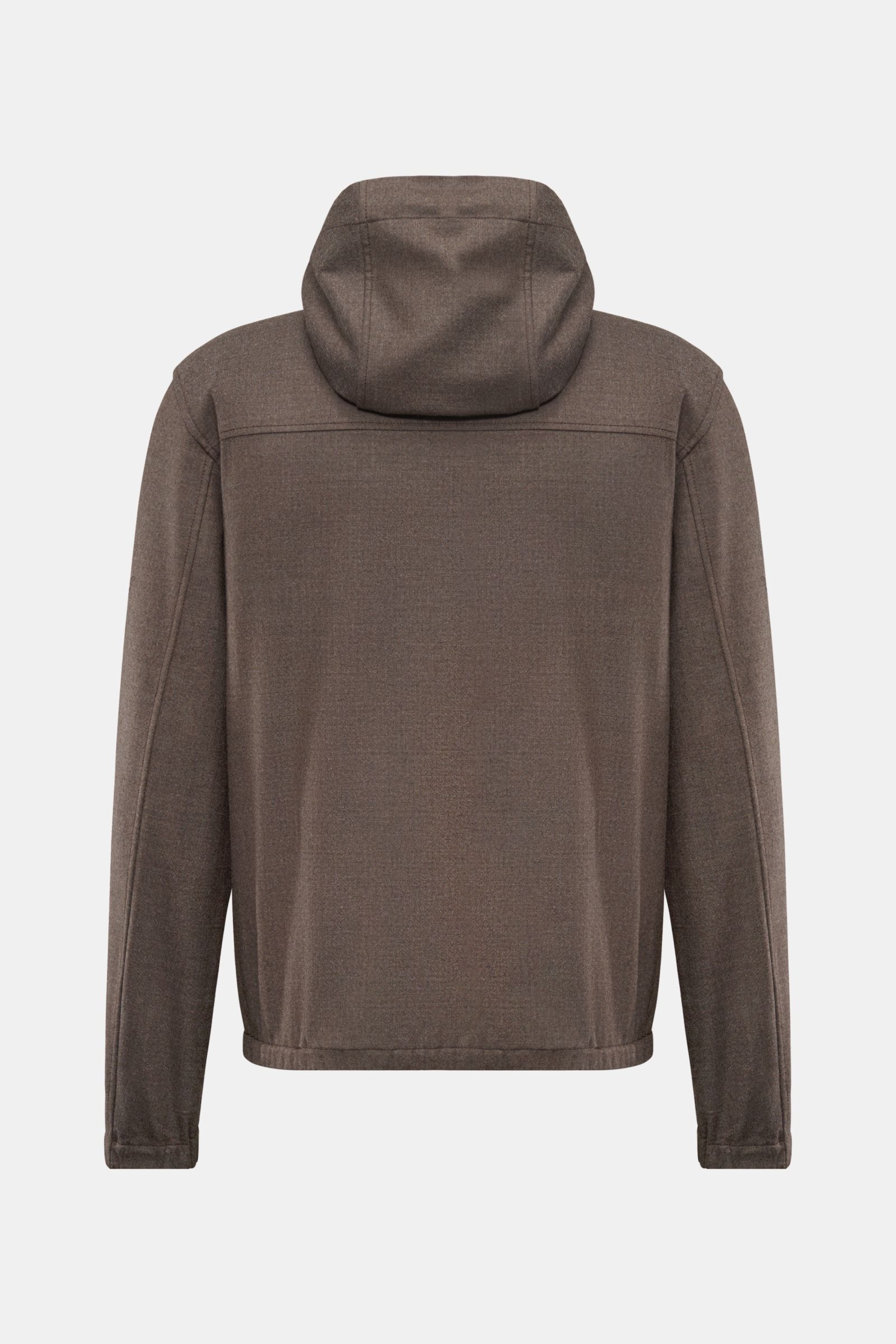 The Product is the Hero Blouson 'Billy' grey-brown mottled shown from the back, featuring a drawstring hood, slim fit, two-way zip, slanted hip pockets, elastic hem and cuffs, unconstructed design, soft wool-microfibre blend, and inside pocket. An all-rou