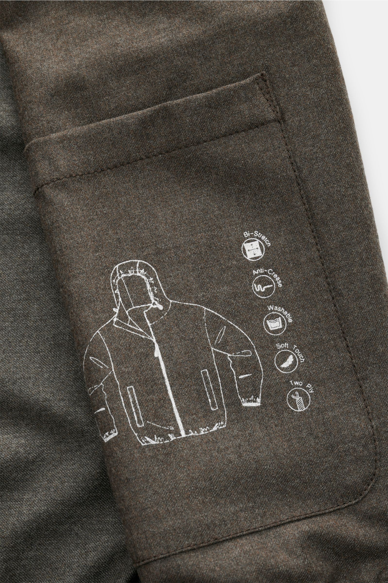 Close-up front view of The Product is the Hero Blouson 'Billy' grey-brown mottled sleeve showing soft wool fabric and printed jacket features.