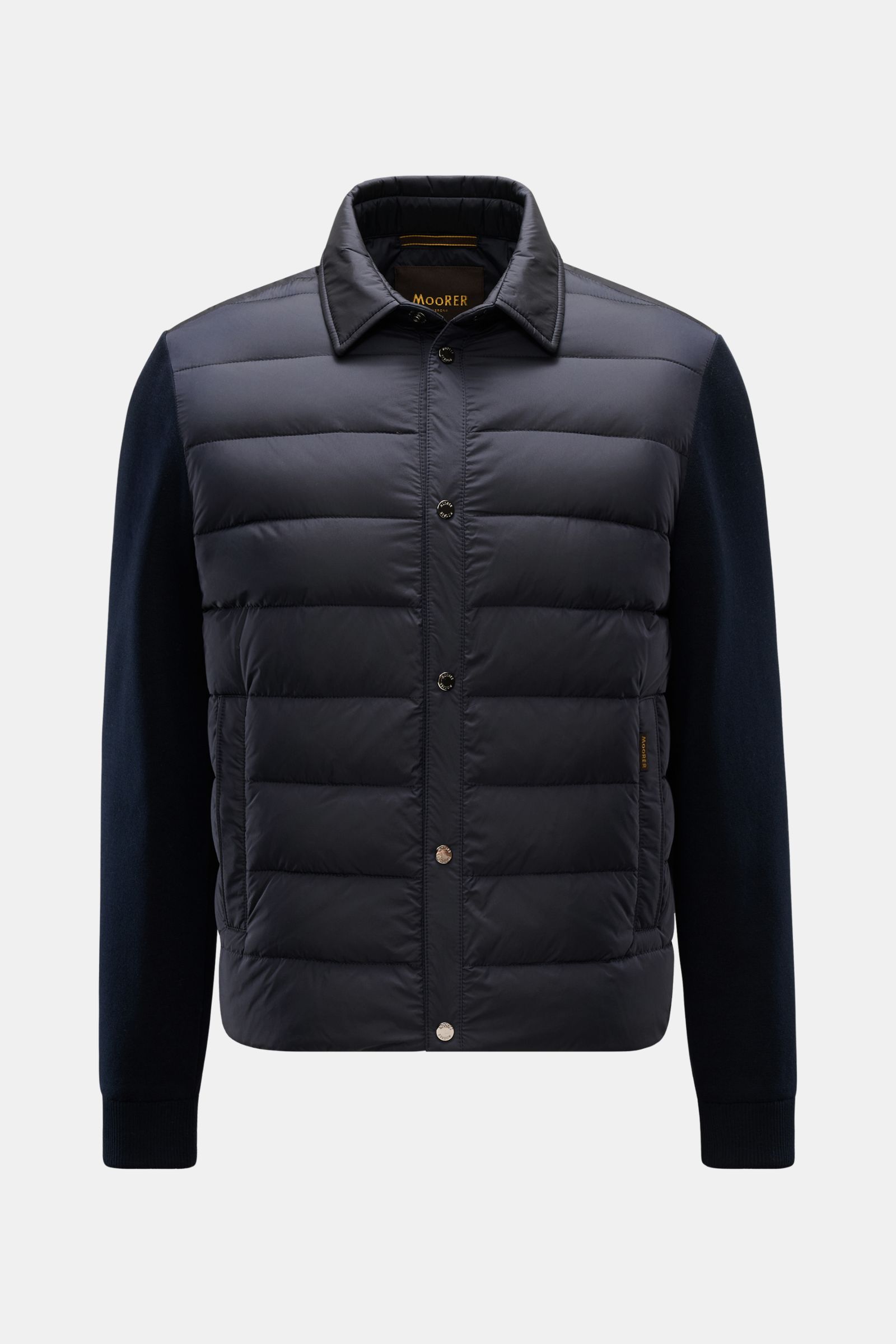 Front view of the Moorer Daunenjacke 'Ardesi' navy, a slim fit jacket with elastic microfiber, smooth feel, lightweight down filling, six-button placket, turn-down collar, slanted welt pockets, elastic cuffs, and soft lining, combining functionality and s