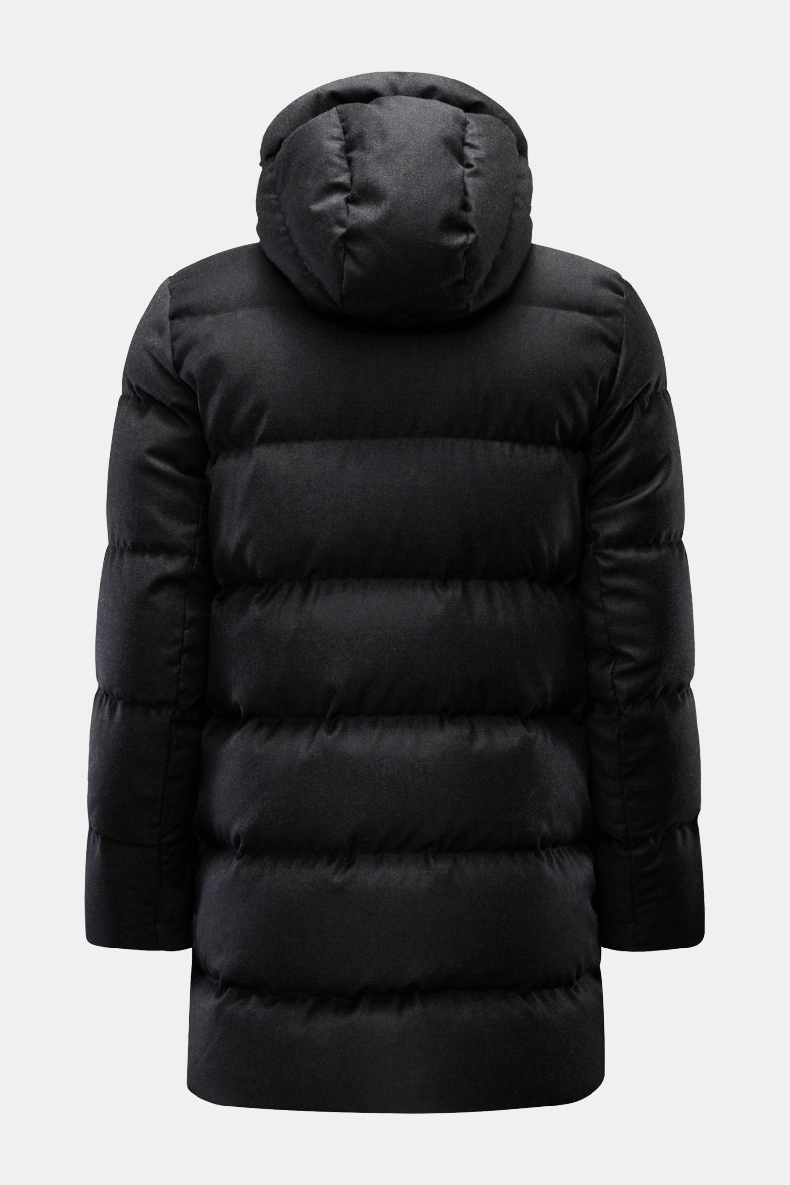 UBR Daunenjacke 'Concord' schwarz, Rückenansicht, mit wattierter Kapuze, Slim Fit, Daunenfüllung, weichem Wollstoff, Zwei-Wege-Reißverschluss.