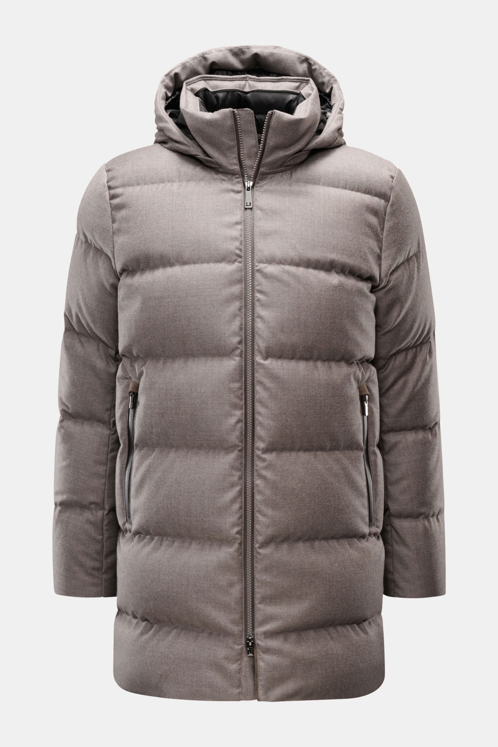 Front view of UBR Daunenjacke 'Concord' grau meliert, a slim fit, grey melange down jacket with a two-way zipper, detachable padded hood, zippered front pockets, elastic cuffs, and soft wool texture, designed for urban style and high performance.