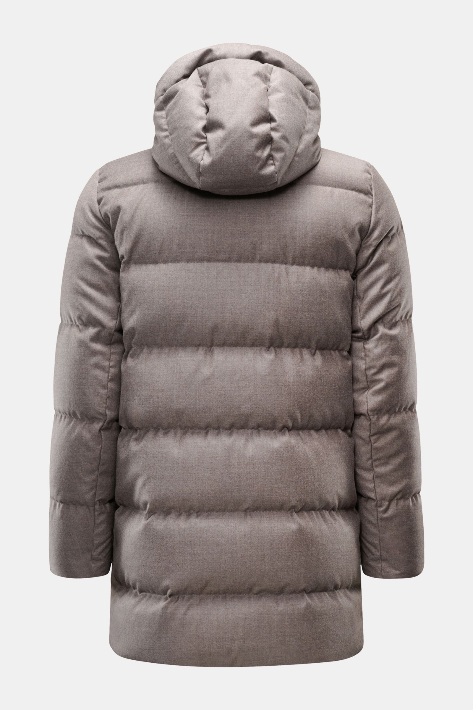 Rear view of UBR Daunenjacke 'Concord' grau meliert puffer jacket with detachable padded hood, slim fit, elastic cuffs, and soft wool fabric.