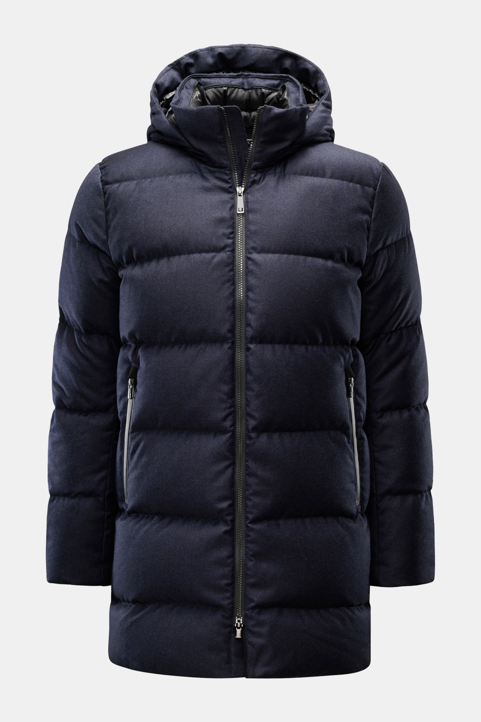 Front view of UBR Daunenjacke 'Concord' navy meliert, a slim-fit down jacket with pure wool, soft touch, warm down filling, two-way zipper, detachable padded hood, zippered front pockets, elastic cuffs, smooth lining, and two inner pockets.