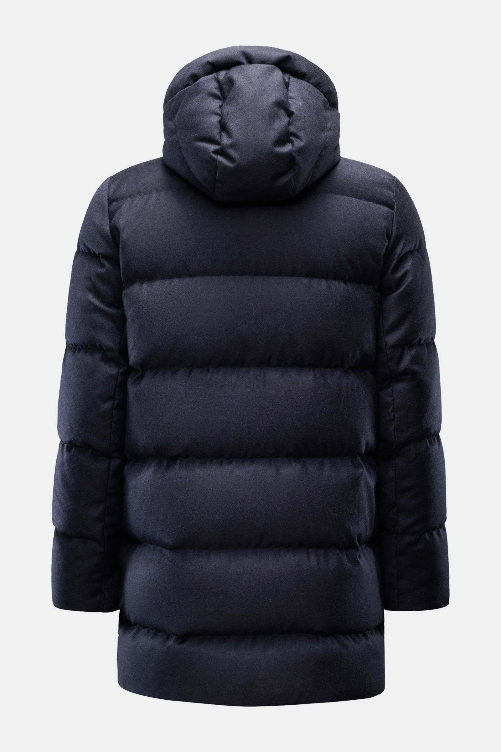 Rear view of UBR Daunenjacke 'Concord' navy meliert, a slim fit, pure wool down jacket with a soft feel, detachable padded hood, two-way zipper, elastic cuffs, zipper pockets, smooth lining, and two inner pockets.