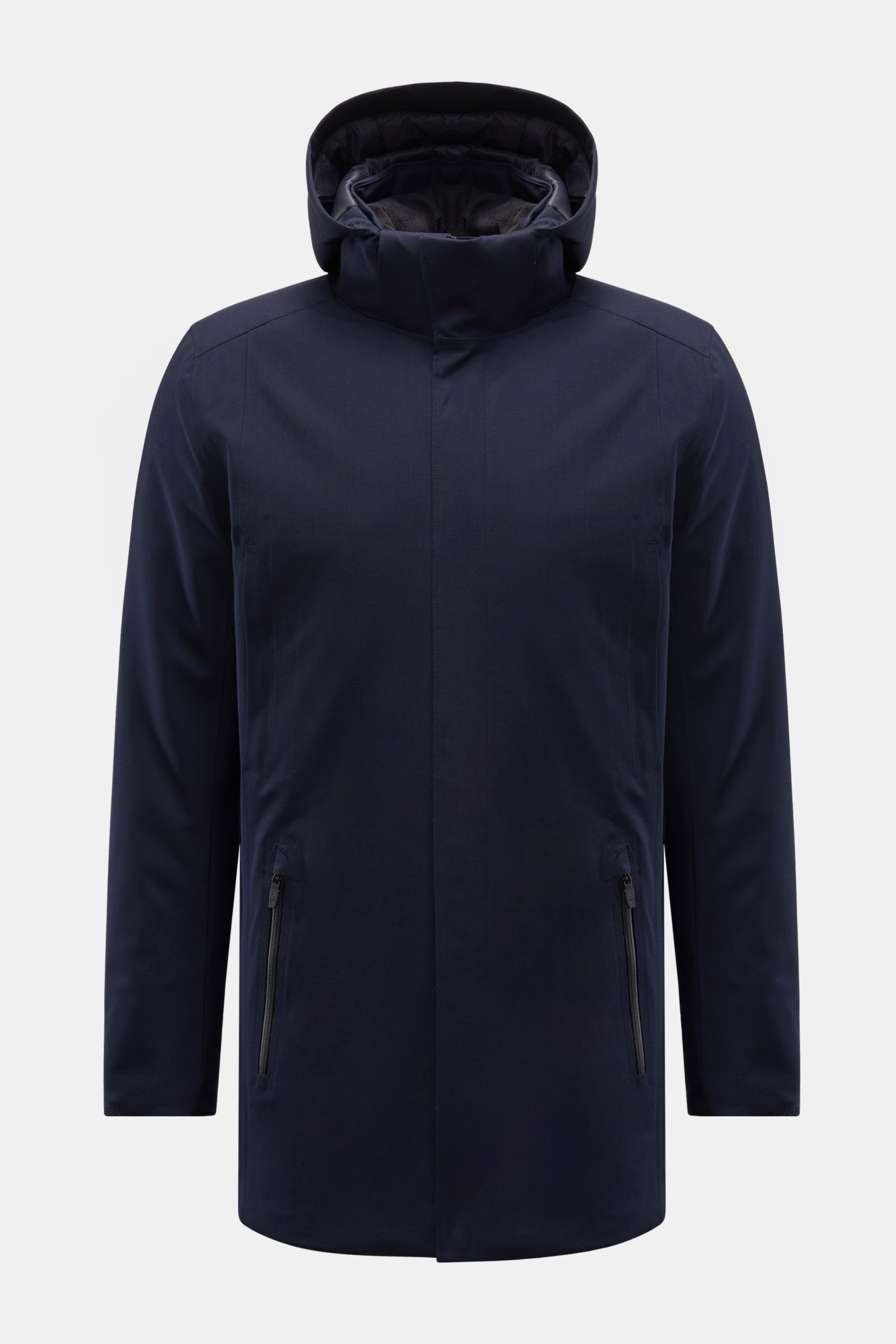Front view of UBR Parka 'Regulator Parka Savile' navy in slim fit, made of Merino wool blend with waterproof membrane, taped seams, zippered pockets, and detachable hood.
