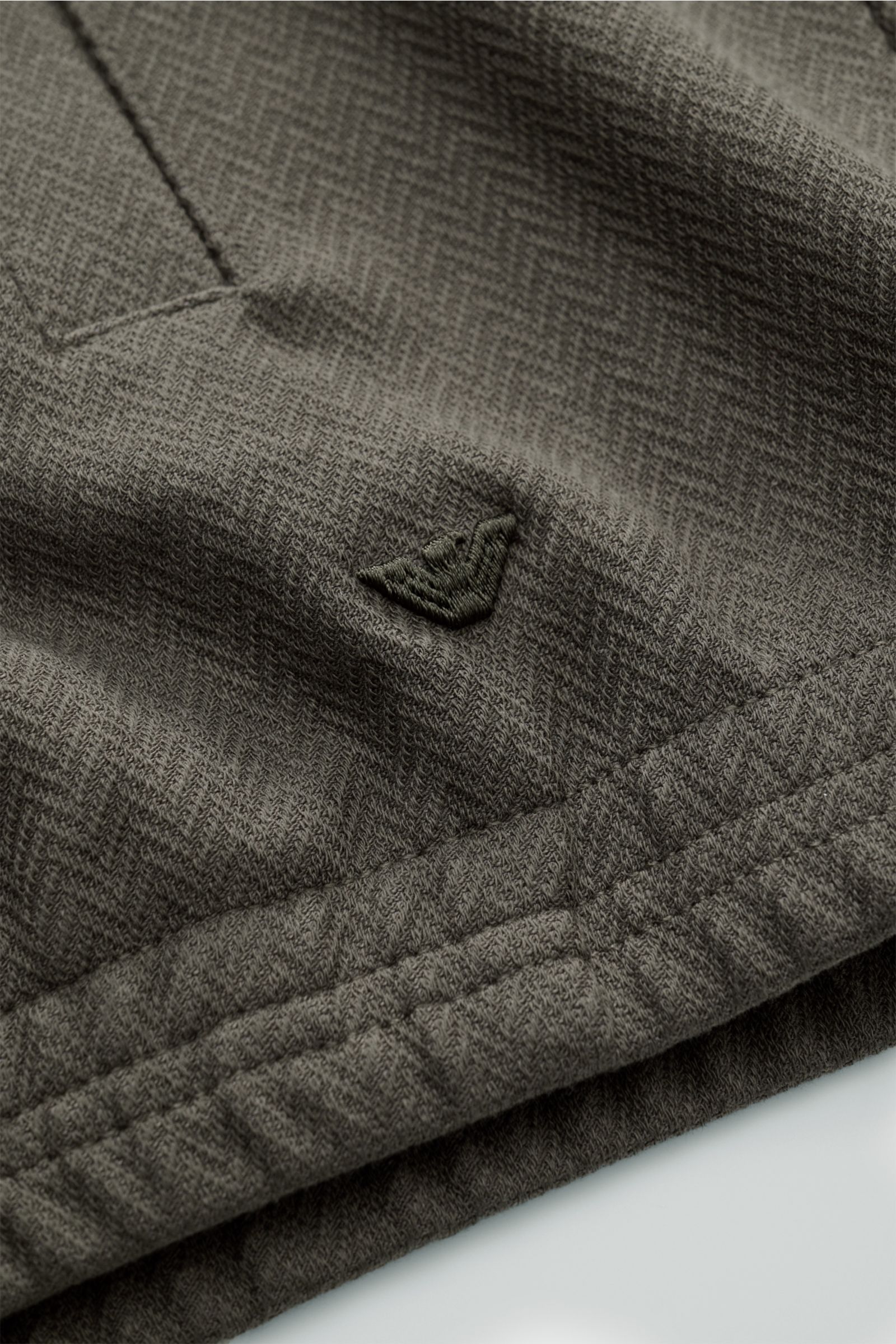 Close-up of the fabric and hem of the Emporio Armani Blouson grey-green, showing its textured cotton-Lyocell blend, elastic hem, and stitched logo. Sporty and timeless: This blouson by EMPORIO ARMANI has a casual design that makes it a versatile essential