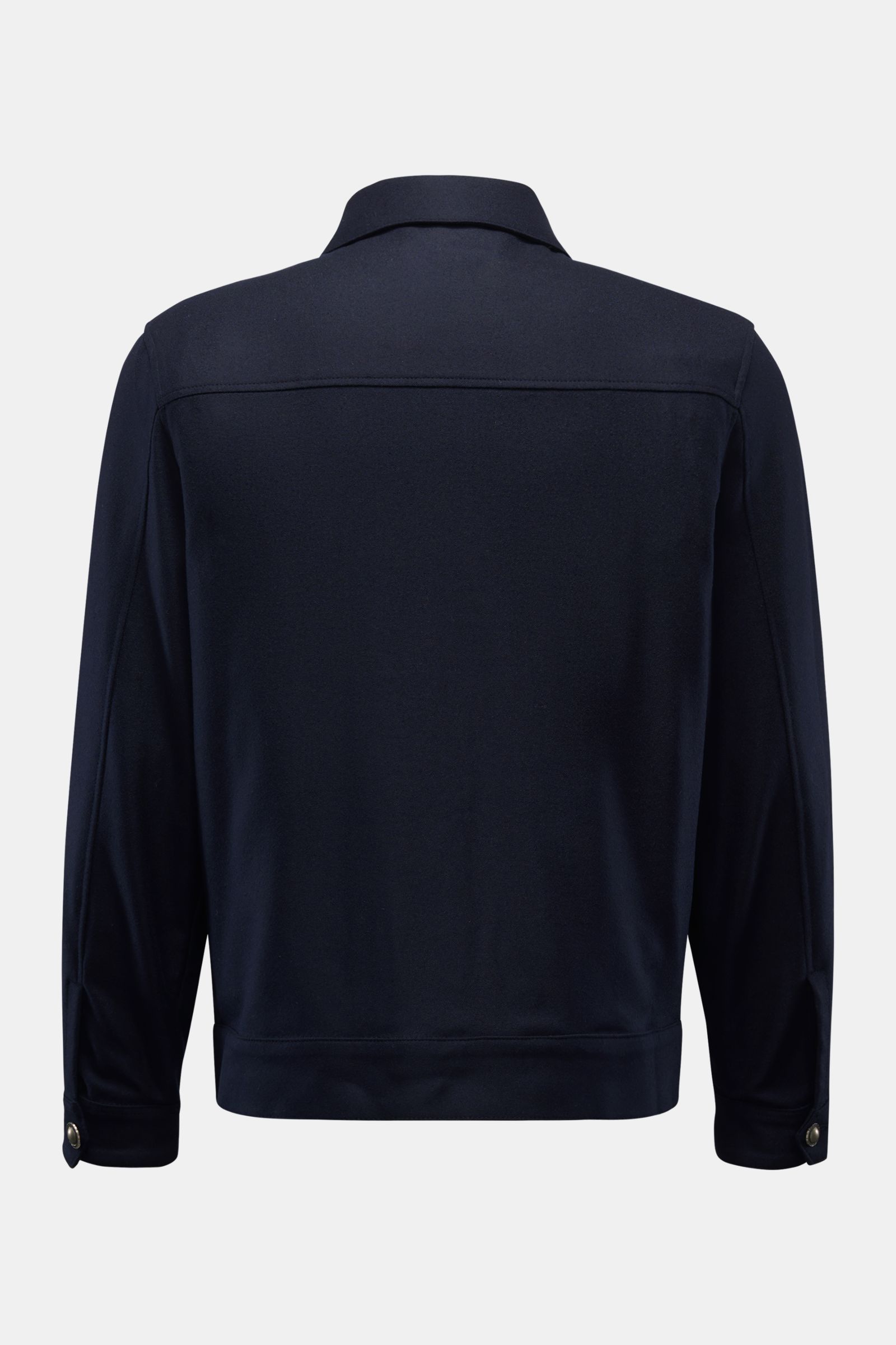 Ace Denim Jacke navy aus feiner, leicht elastischer Schurwolle, Slim Fit, ungefüttert, mit Blouson-Elementen, Rückansicht, Umlegekragen, Knopfärmel.