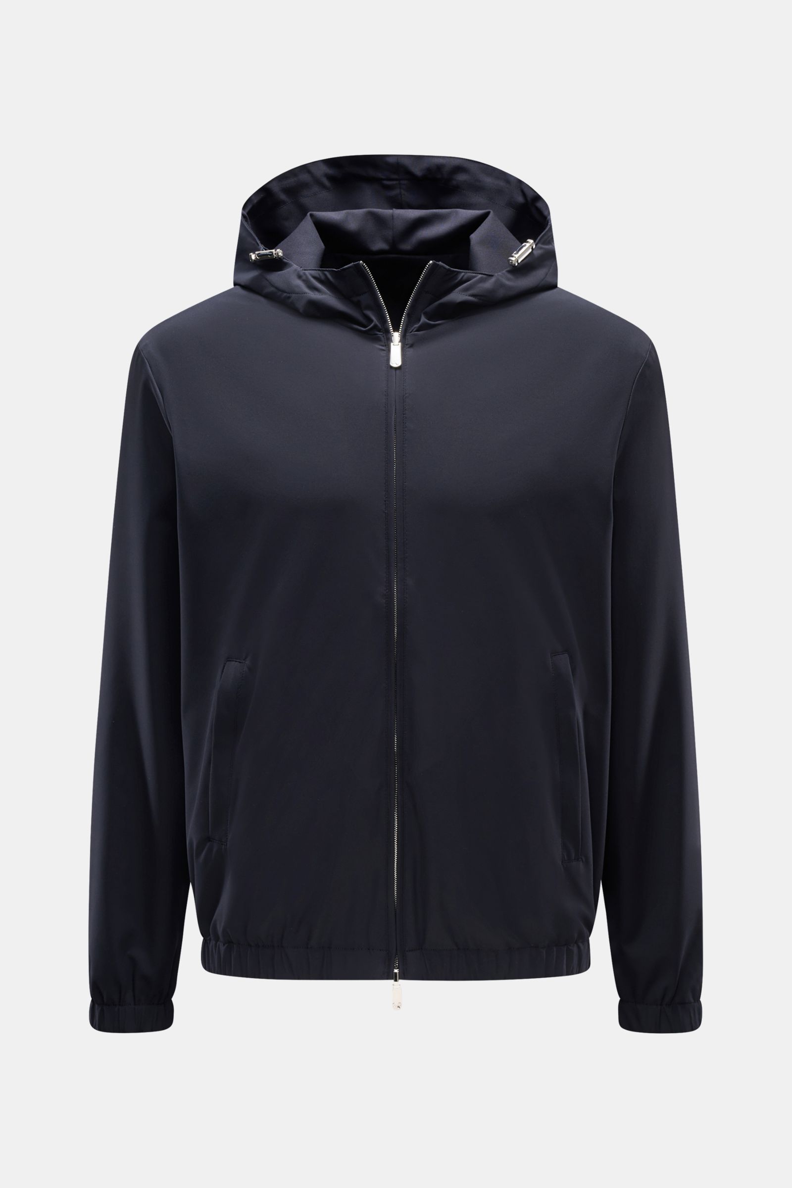 Marco Pescarolo Wende-Blouson 'Macan' navy, frontal fotografiert, Kapuzenblouson aus elastischer Schurwolle, Slim Fit, wendbar, mit verdecktem Zwei-Wege-Reißverschluss und Zipper-Taschen.