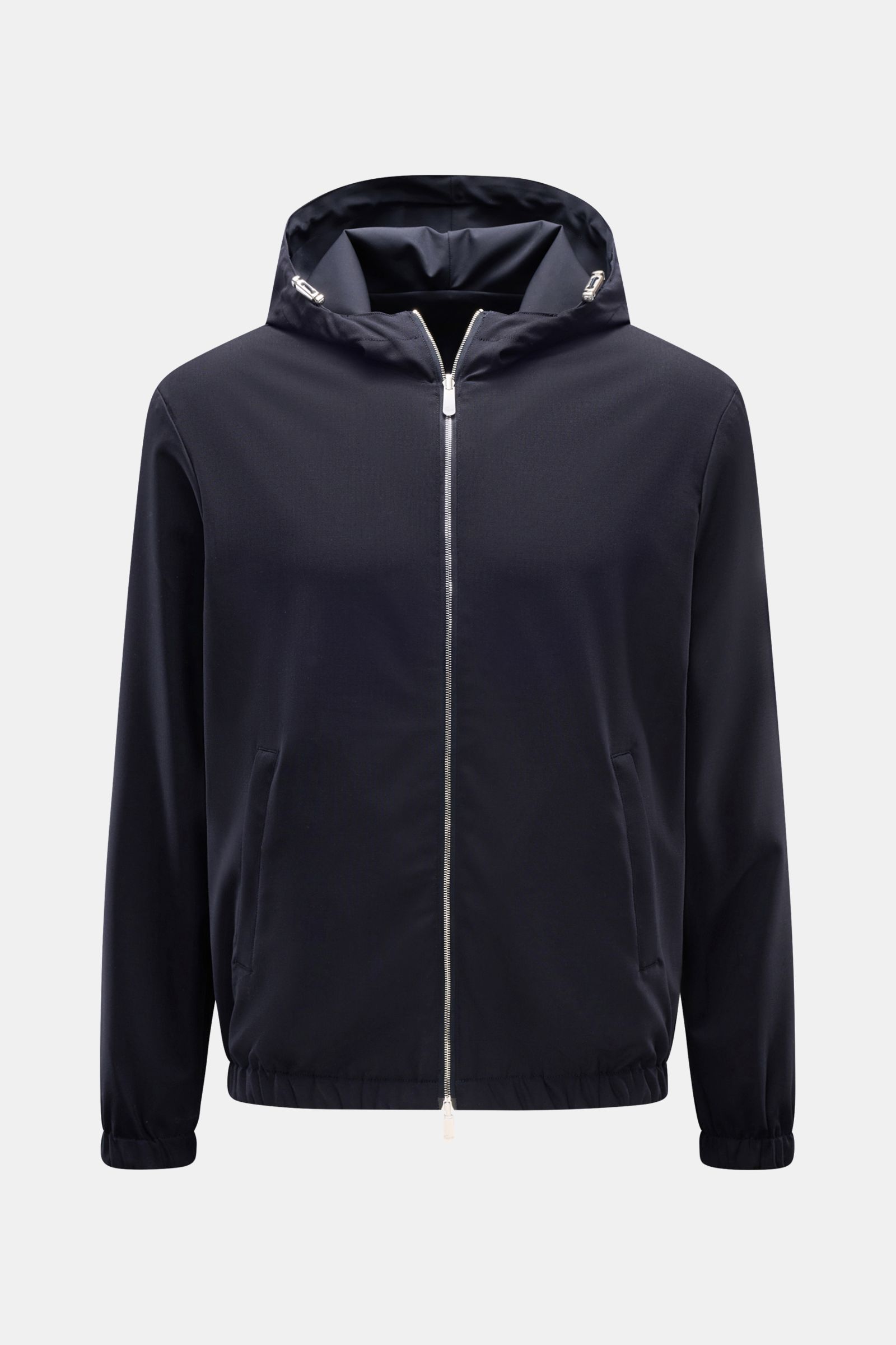 Marco Pescarolo Wende-Blouson 'Macan' navy, frontal fotografiert, Kapuzen-Blouson aus elastischer Schurwolle, Slim Fit, wendbar, mit Tunnelzug, verdecktem Zwei-Wege-Reißverschluss und weichen elastischen Bündchen.