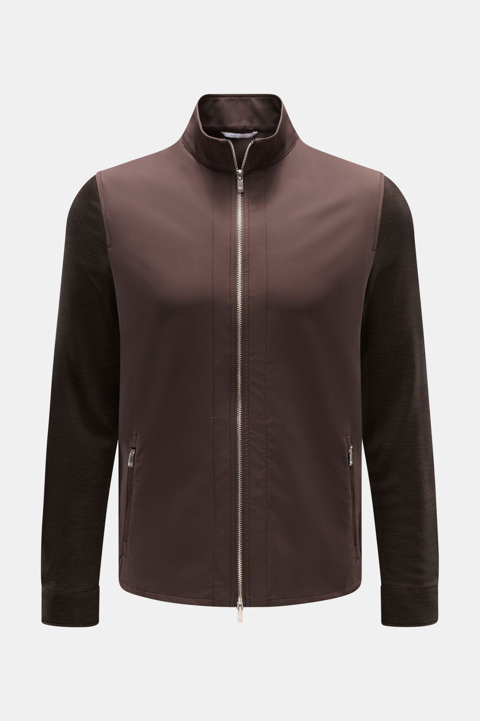 Marco Pescarolo Jacke 'Key' dunkelbraun, Frontansicht, sportive Schurwolle mit elastischen Jersey-Ärmeln und Rücken, Stehkragen, Zwei-Wege-Reißverschluss.
