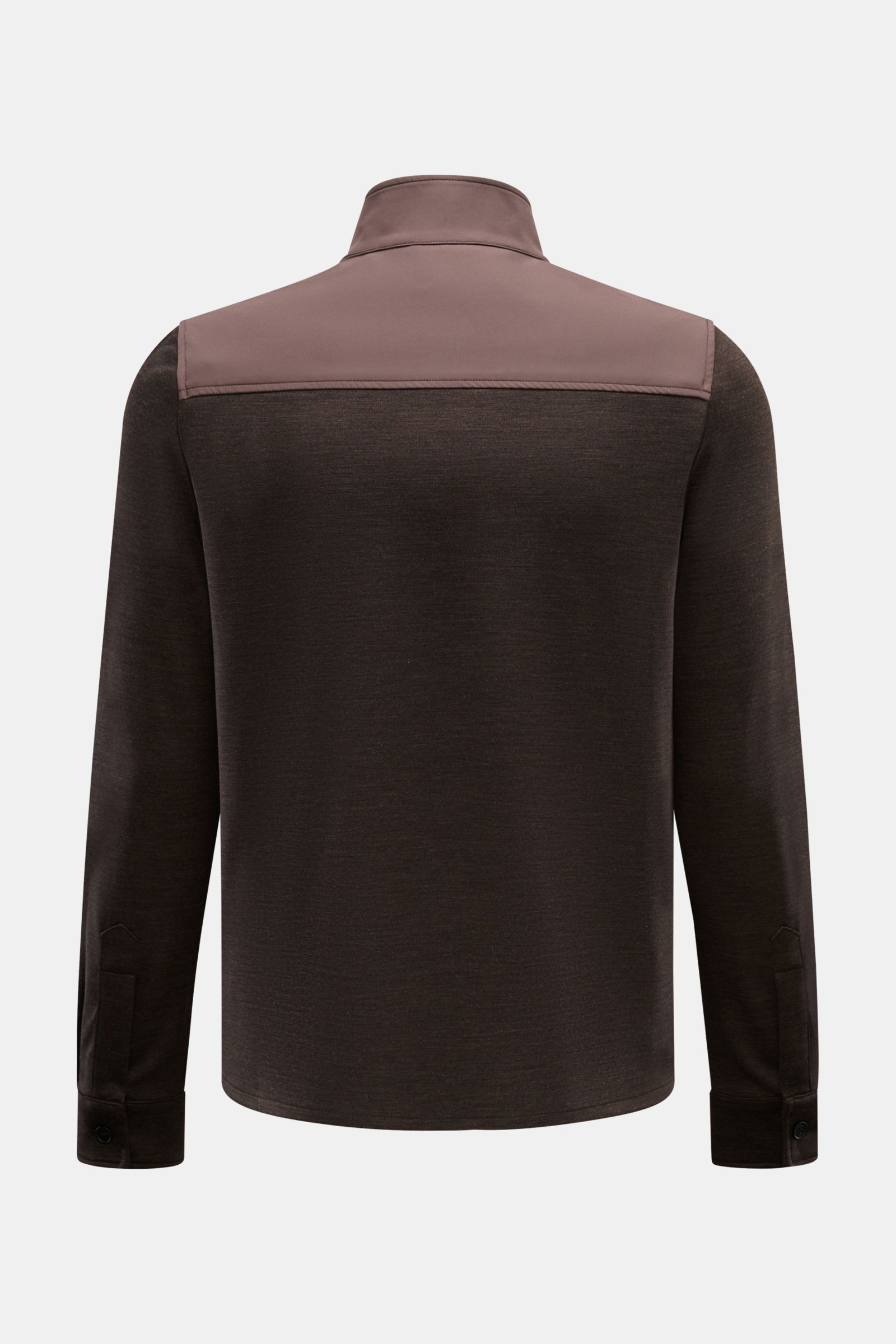 Marco Pescarolo Jacke 'Key' dunkelbraun, Rückansicht, Ärmeln und Rückenteil aus elastischem Jersey, reine Schurwolle, Regular Fit, ungefüttert, Stehkragen.