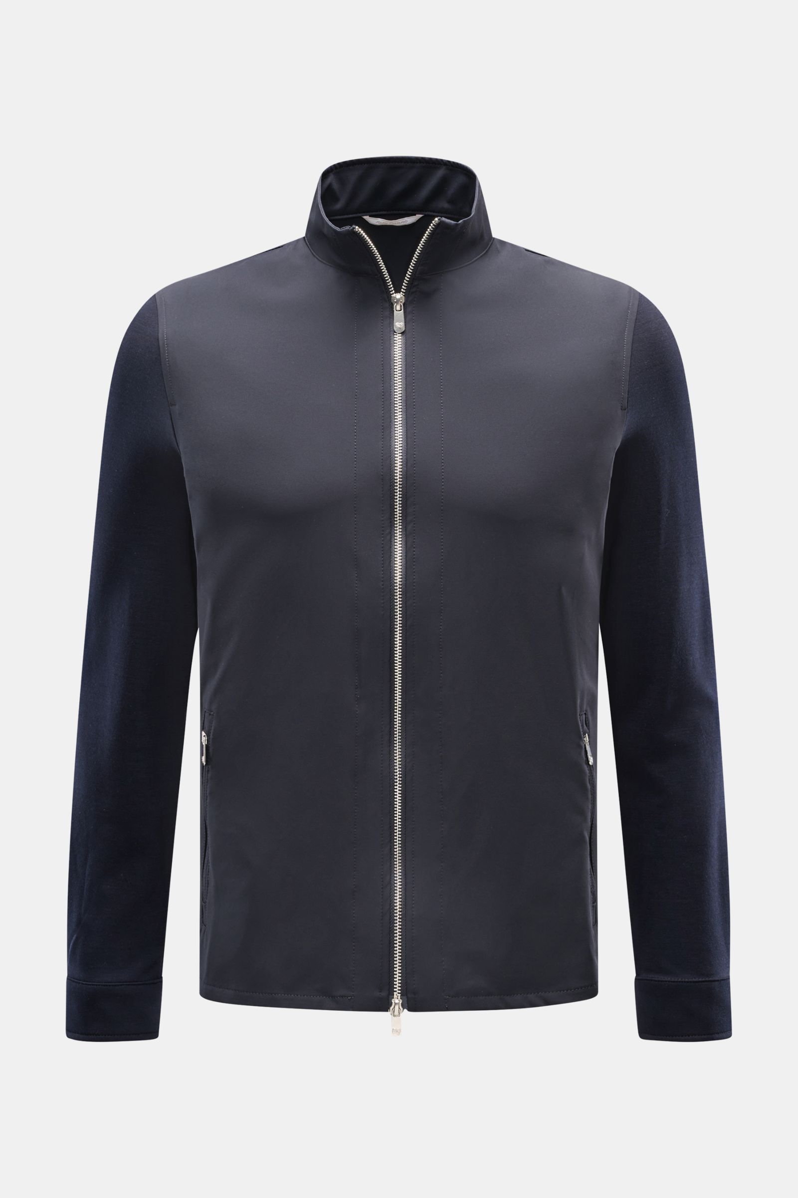 Front view of the Marco Pescarolo Jacke 'Key' navy, featuring a pure wool body with navy jersey sleeves and back, elastic, regular fit, two-way zipper, stand-up collar, zippered front pockets, buttoned cuffs, and an unlined design for breathable comfort. 