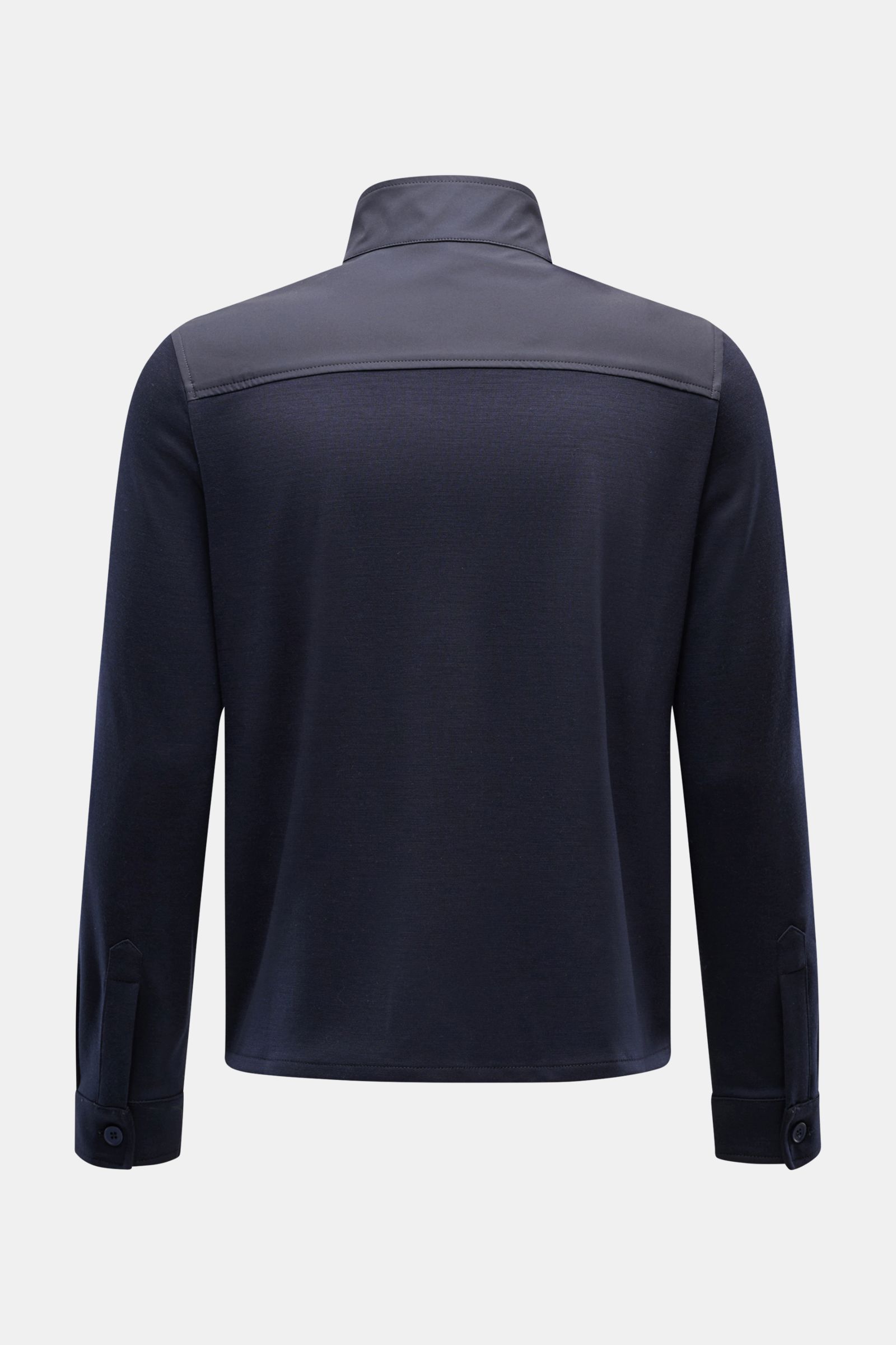 Back view of the Marco Pescarolo Jacke 'Key' navy showing its sporty look with jersey sleeves and back panel, pure wool, elastic fit.

Description: Ihre sportive Optik verdankt die Jacke 'KEY' von MARCO PESCAROLO den Ärmeln und dem Rückenteil aus Jerse