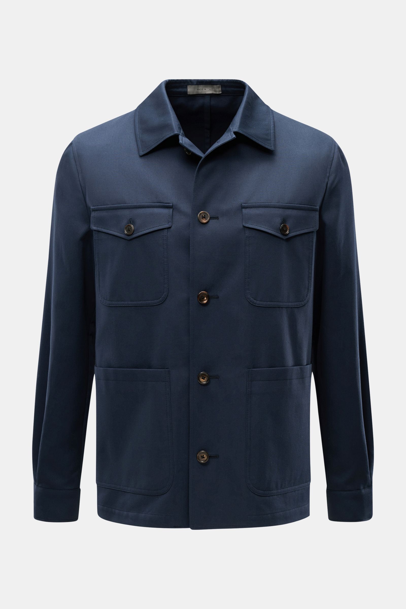 Corneliani Jacke navy, frontale Nahaufnahme, Slim Fit mit Umlegekragen, elastische Baumwolle, fünf Knöpfe, Brust- und Hüfttaschen, Manschetten.