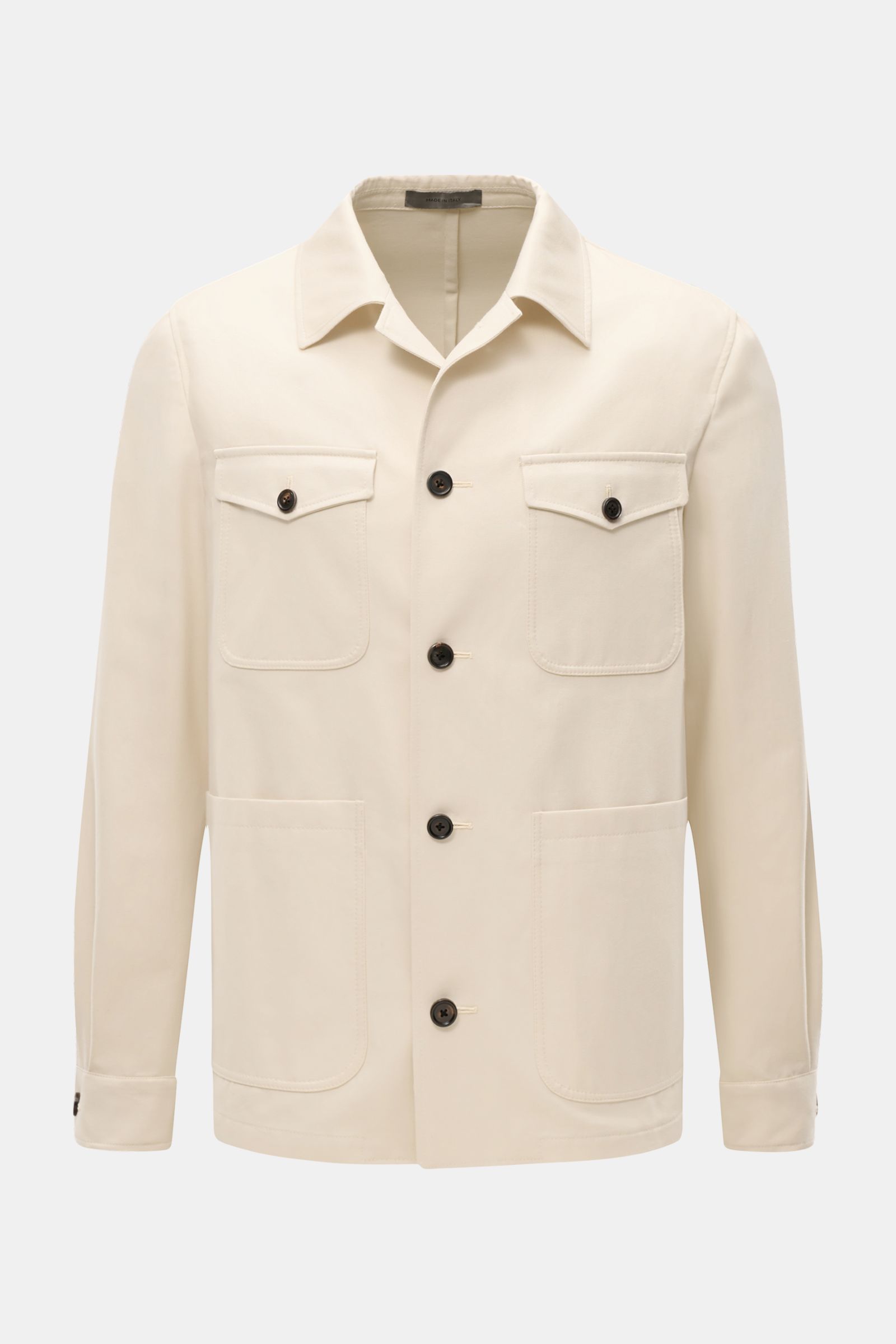 Corneliani Jacke creme aus elastischer Baumwolle, Slim Fit, Umlegekragen, fünf Knöpfe, Brust- und Hüfttaschen, Manschetten, frontale Nahaufnahme.