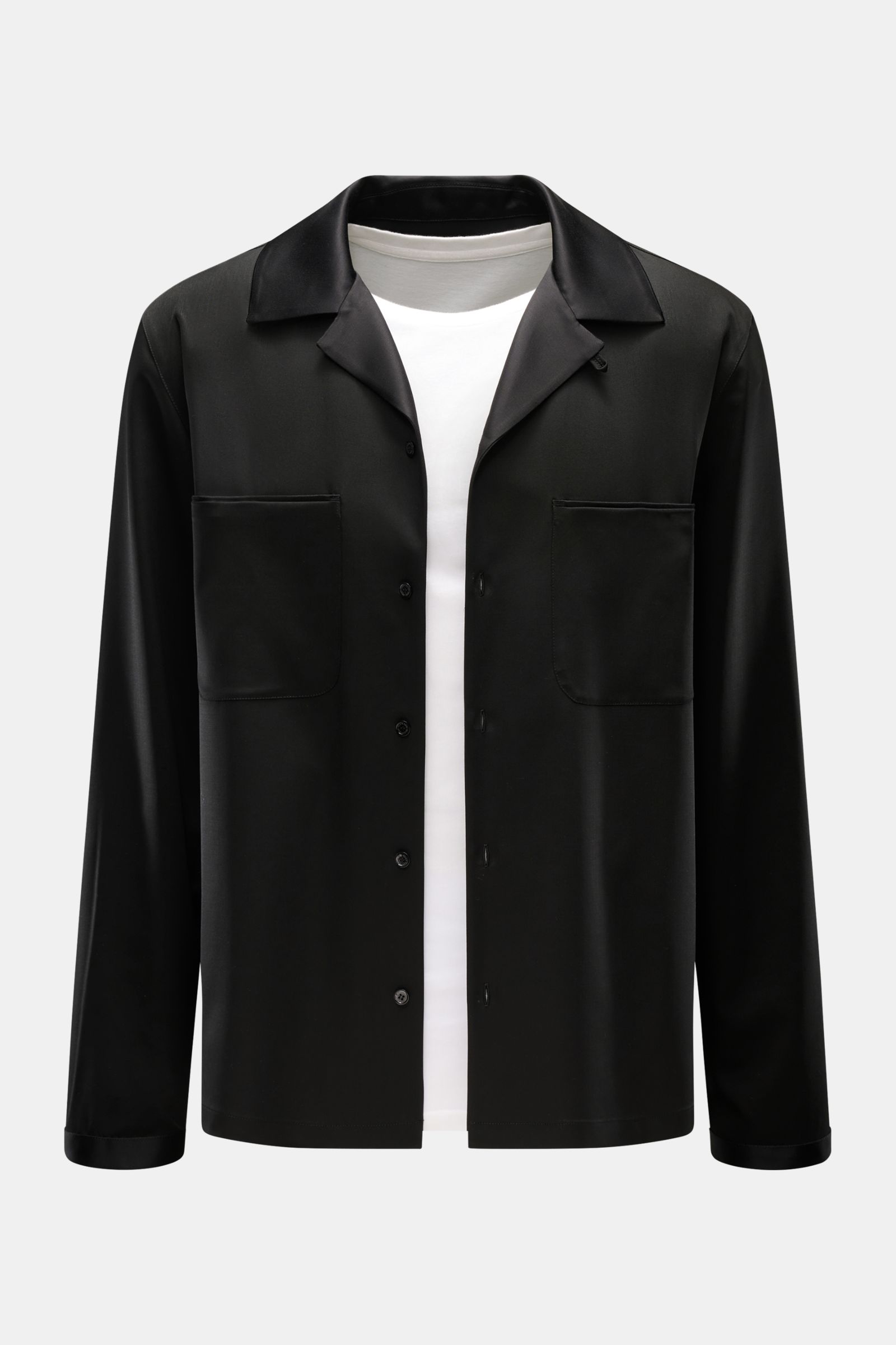 Front view of Golden Goose Overshirt 'M's Tailored Shirt Paolo W Camp' black in pure virgin wool twill, featuring satin collar, breast pockets, and five-button placket, styled over a white shirt. Uncomplicated, individual, GOLDEN GOOSE: This overshirt in 