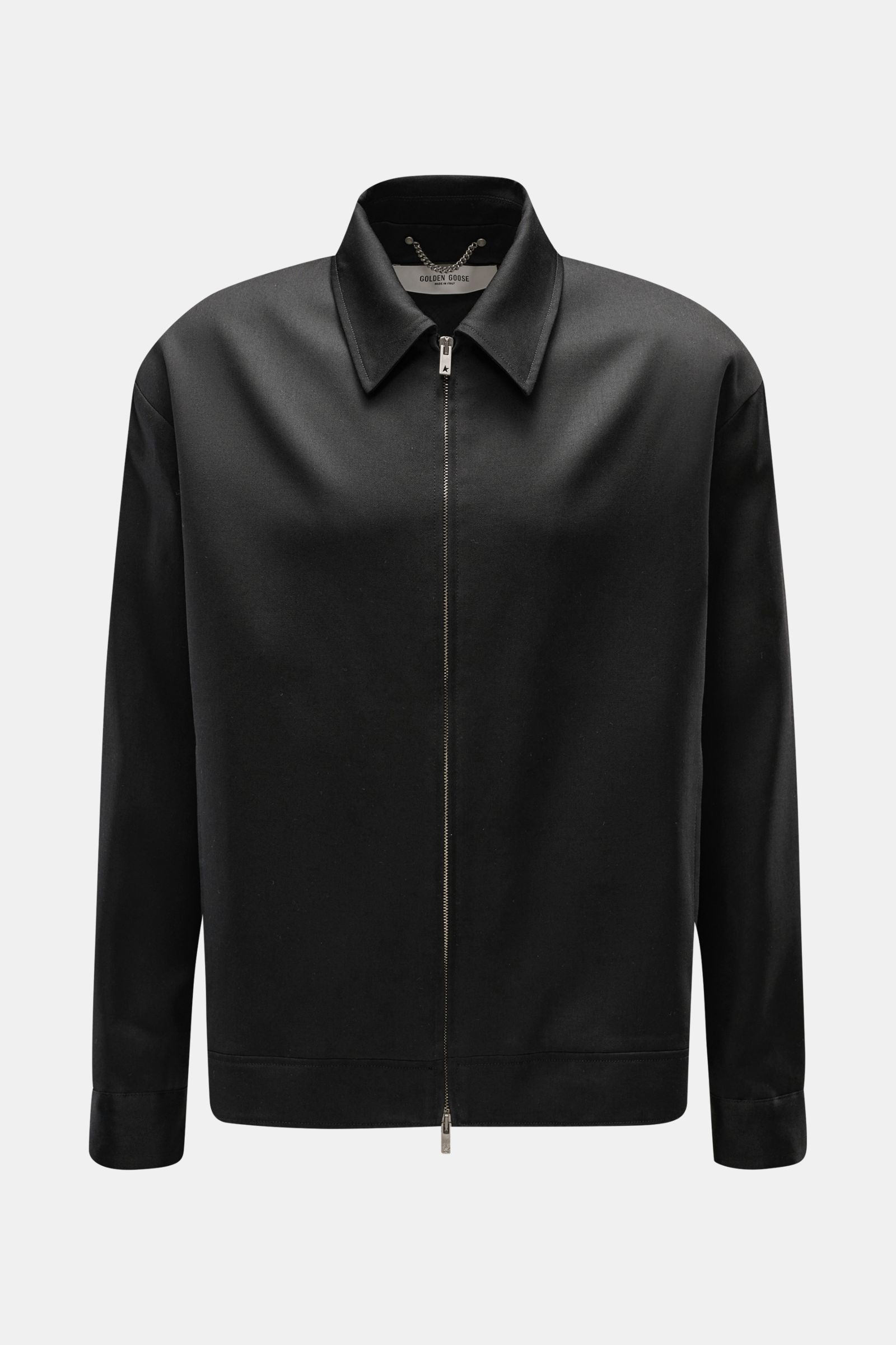 Golden Goose Jacke 'Coach Jacket Luther' schwarz, Frontansicht, aus feinem Schurwoll-Twill mit Reißverschluss und Umlegekragen.