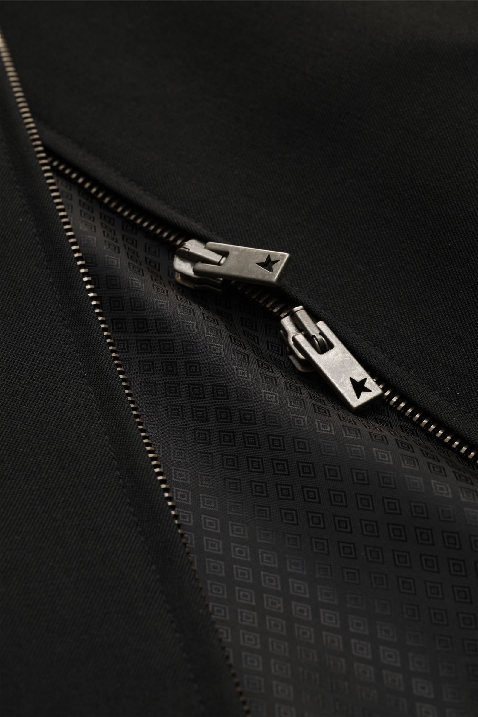Golden Goose Jacke 'Coach Jacket Luther' schwarz aus Schurwoll-Twill, Detailansicht Reißverschluss mit Metallsternen und gemustertem Innenfutter.