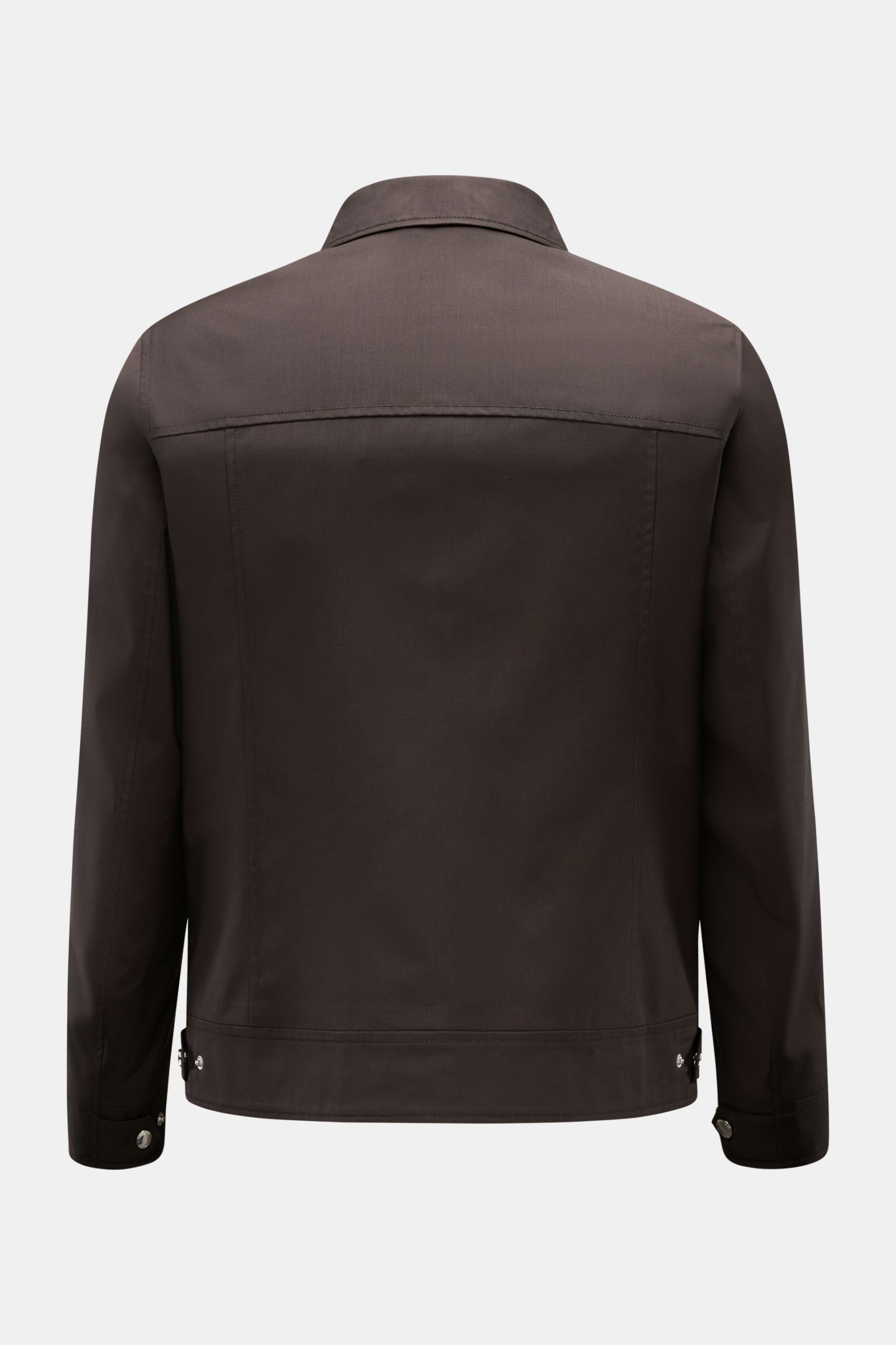 Back view of Windsor Blouson 'Attilio' dunkelbraun in slim fit, showing collar, adjustable cuffs, and waist straps on dark brown wool jacket.

Description: Der Blouson 'Attilio' von WINDSOR aus Reda Active Wool vereint sartoriale Präzision mit innovati