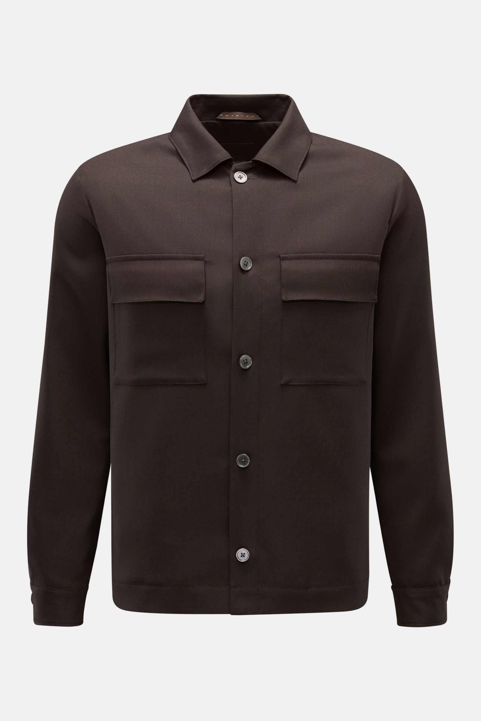 Windsor Jacke 'Lavoro' dunkelbraun, Frontansicht, ungefüttert aus reiner Schurwolle, Regular Fit mit Umlegekragen, Pattentaschen, Fünf-Knopf-Leiste.