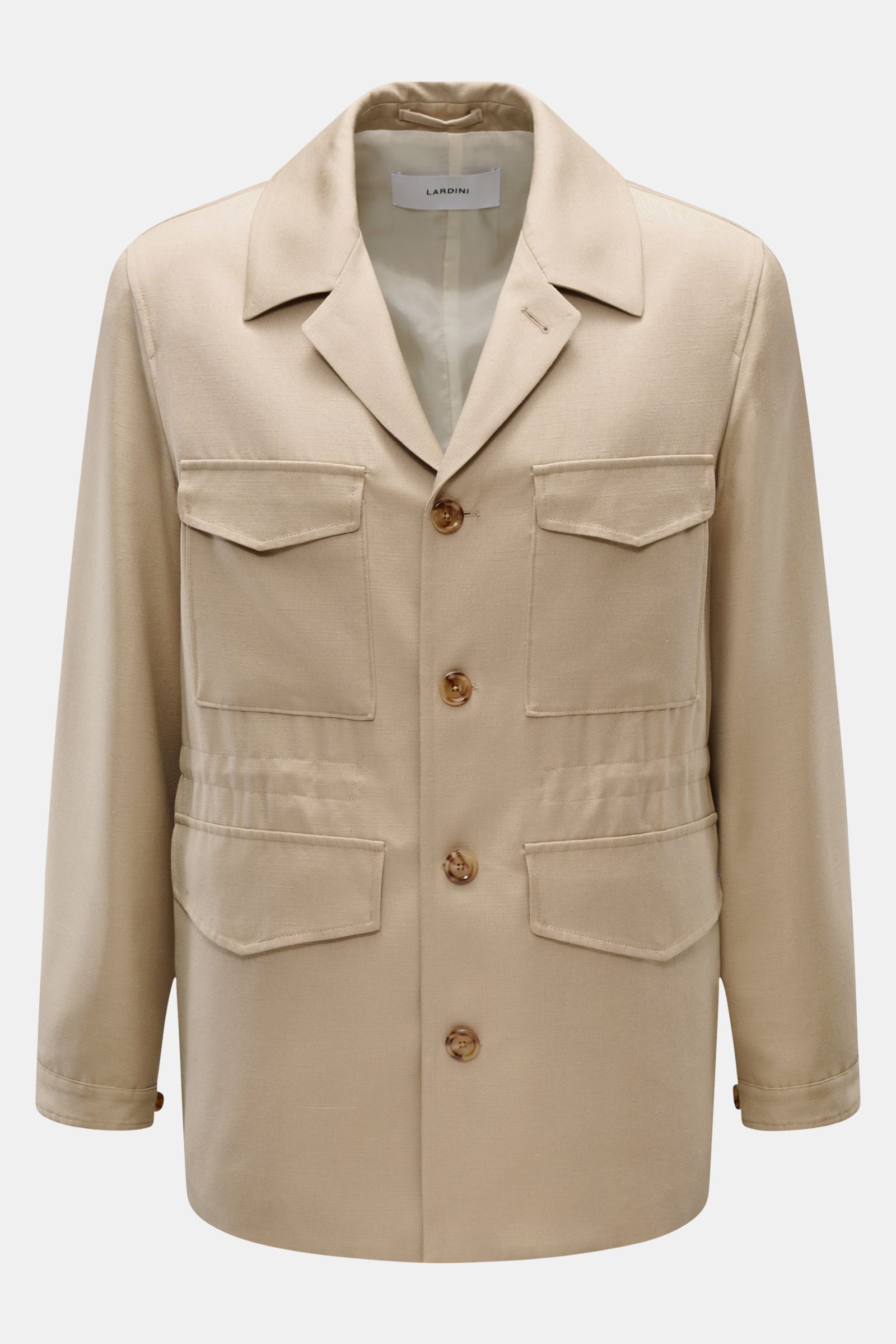 Lardini Jacke 'Panosh' beige, Frontansicht, Übergangsjacke aus Viskose mit Seide, Slim Fit, Vier-Knopf-Leiste, Brust- und Hüfttaschen mit Patte.