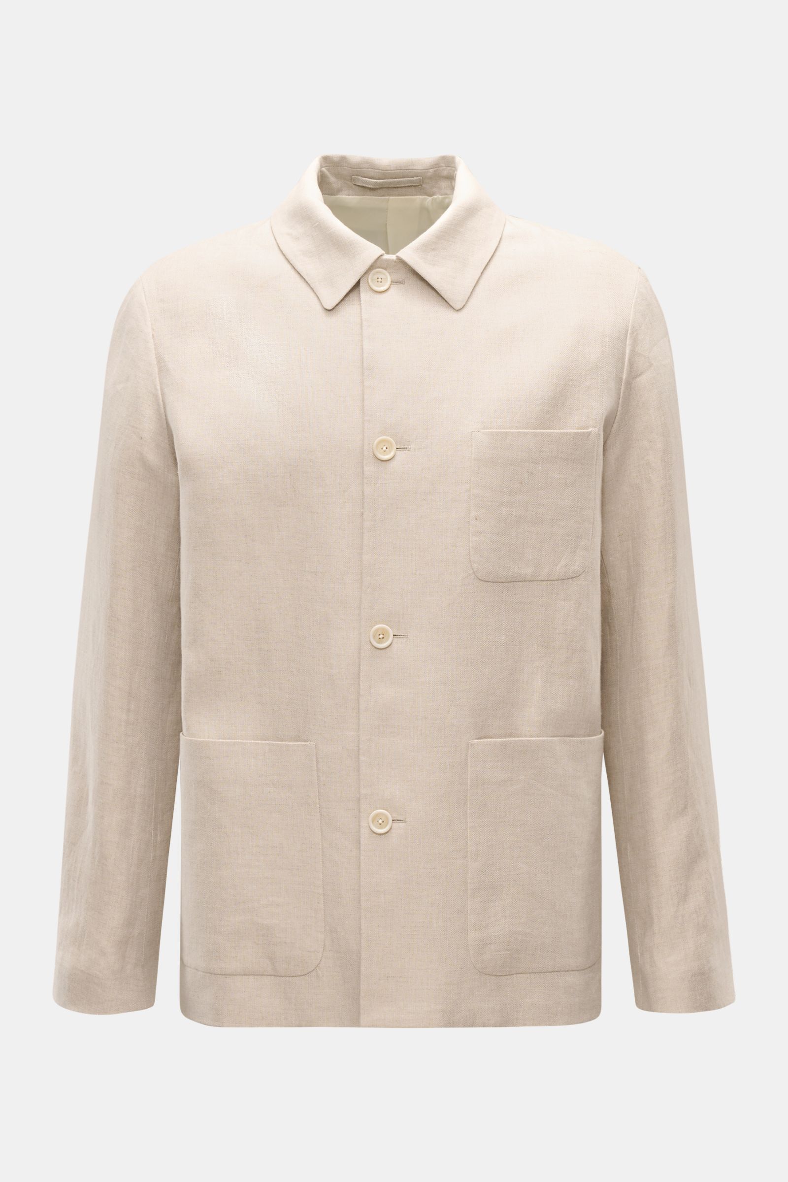 Lardini Leinenjacke 'Pastone' beige meliert, frontal fotografiert, mit Umlegekragen, vier-Knopf-Leiste, drei Front- und zwei Innentaschen, feines Fischgrat-Gewebe.
