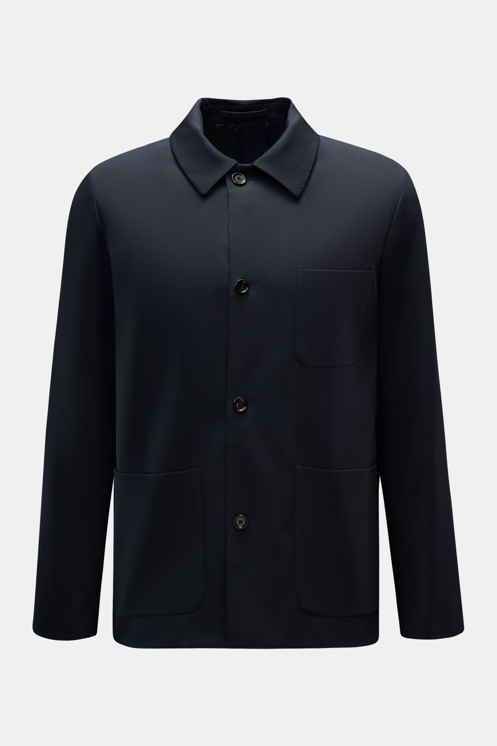 Front view of Lardini Jacke 'Pastone' navy, a slim fit jacket in pure virgin wool with smooth texture, four-button placket, turn-down collar, three front pockets, smooth lining, and two inner pockets, a timeless transitional piece with Italian elegance.