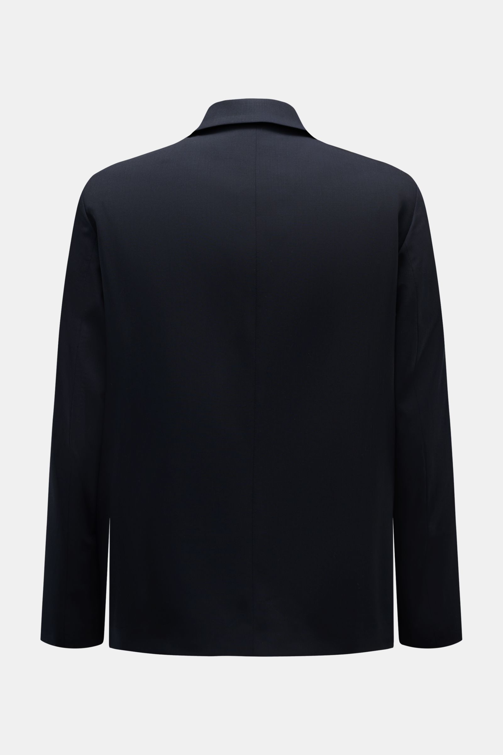 Back view of Lardini Jacke 'Pastone' navy, a slim fit, pure virgin wool jacket with smooth texture, four-button placket, turn-down collar, three front pockets, smooth lining, and two inner pockets.