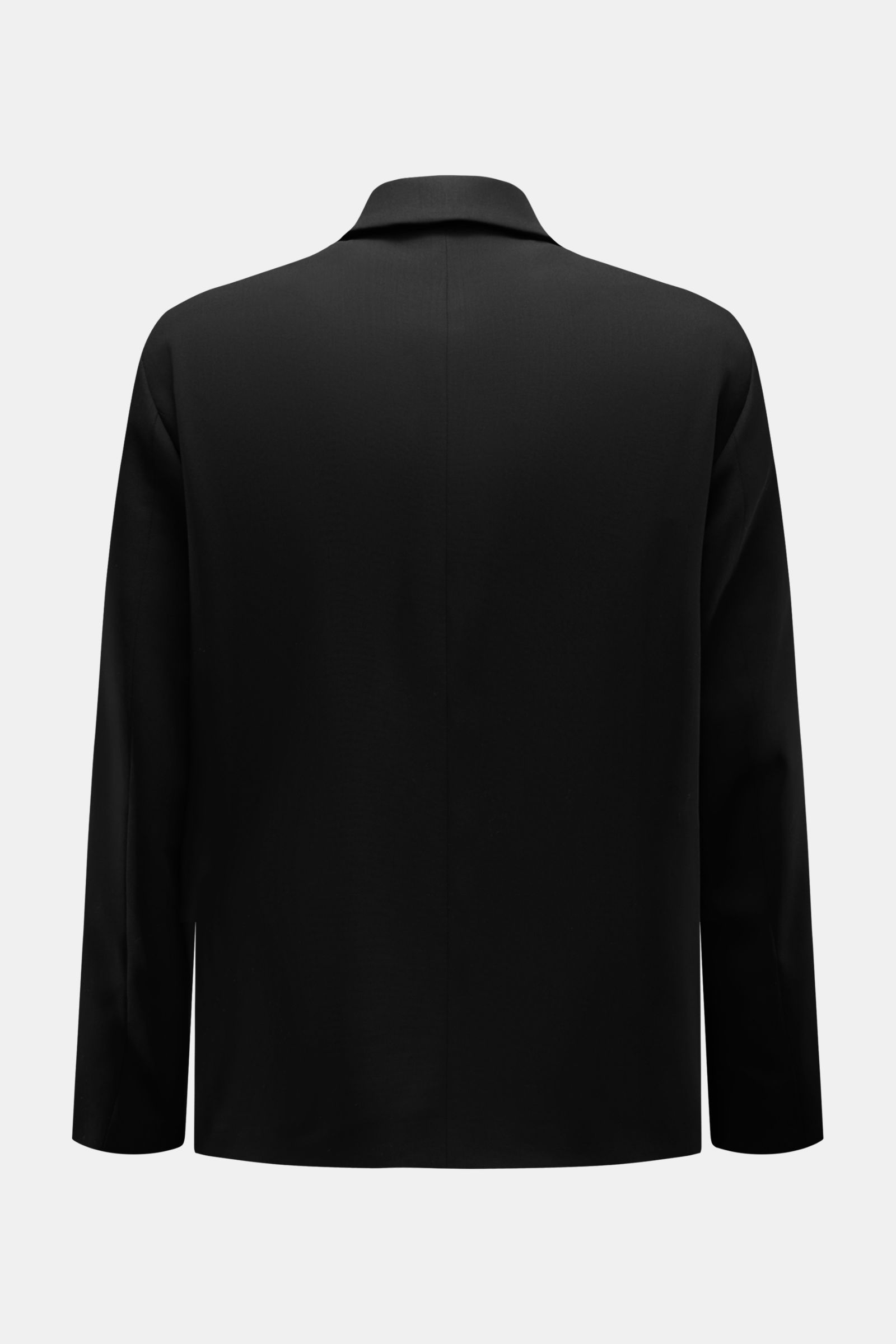 Rear view of Lardini Jacke 'Pastone' schwarz, a slim-fit black jacket made of pure virgin wool with smooth texture, featuring a turn-down collar, four-button placket, three front pockets, smooth lining fabric, and two inner pockets. Timeless companion for