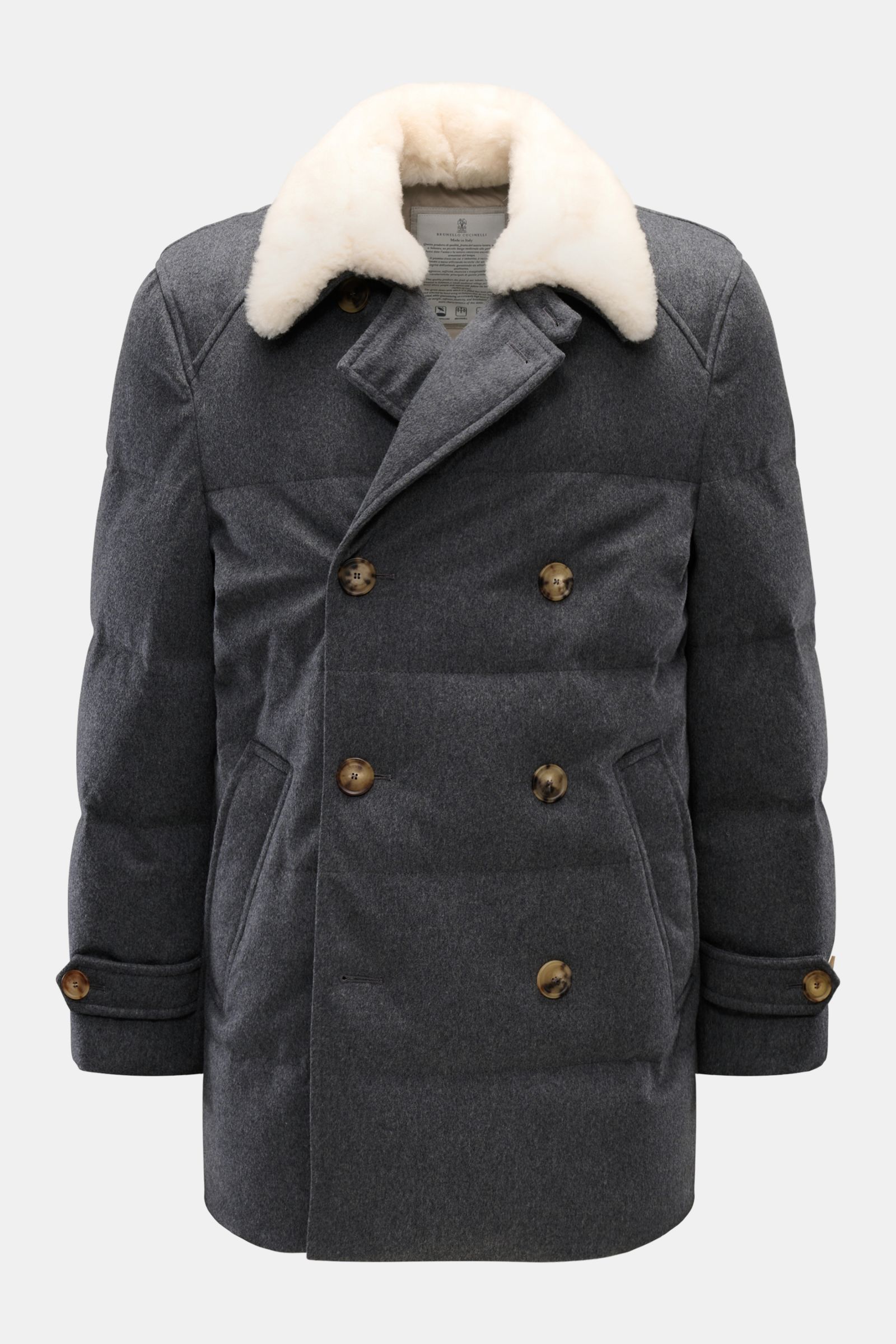 Brunello Cucinelli Daunenjacke dunkelgrau meliert, frontale Nahaufnahme, zweireihig, variabler Kragen mit weißem Schaffell, Daunenfüllung, Wollstoff, wind- und wasserabweisend.