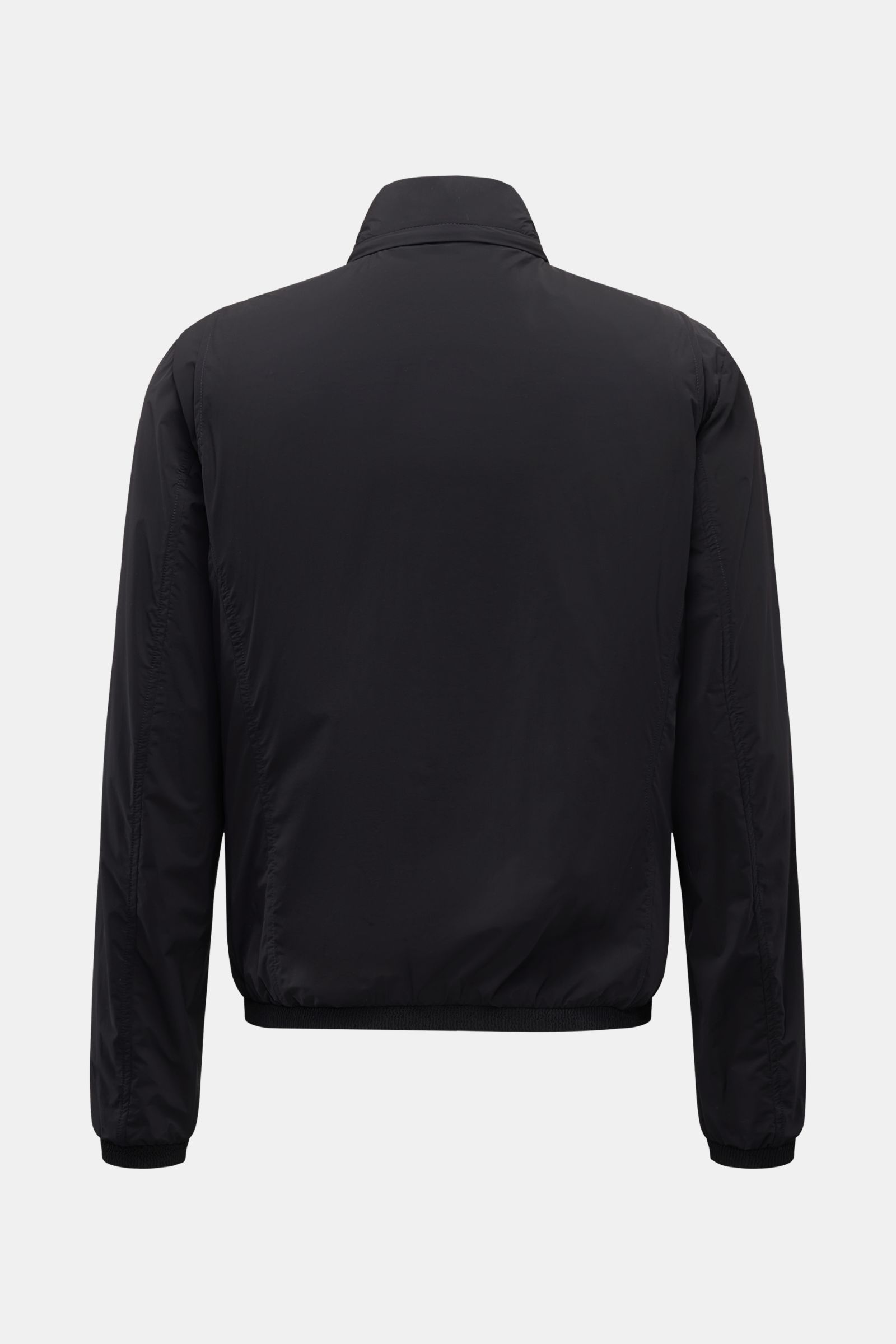 Back view of Moorer Blouson 'Giove' dark navy, ultralight microfiber jacket with stretch, slim fit, stand-up collar, and elastic cuffs; functional spring outerwear with two-way zipper, hood in collar, zipper pockets, flexible hem, half-lined, and two inne