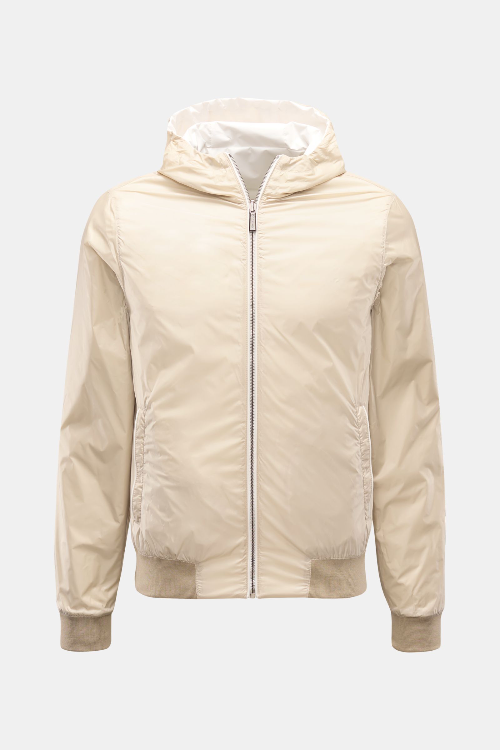 Front view of the Moorer Wende-Blouson 'Dennys' offwhite/beige, a slim fit, water-repellent outdoor jacket with hood.