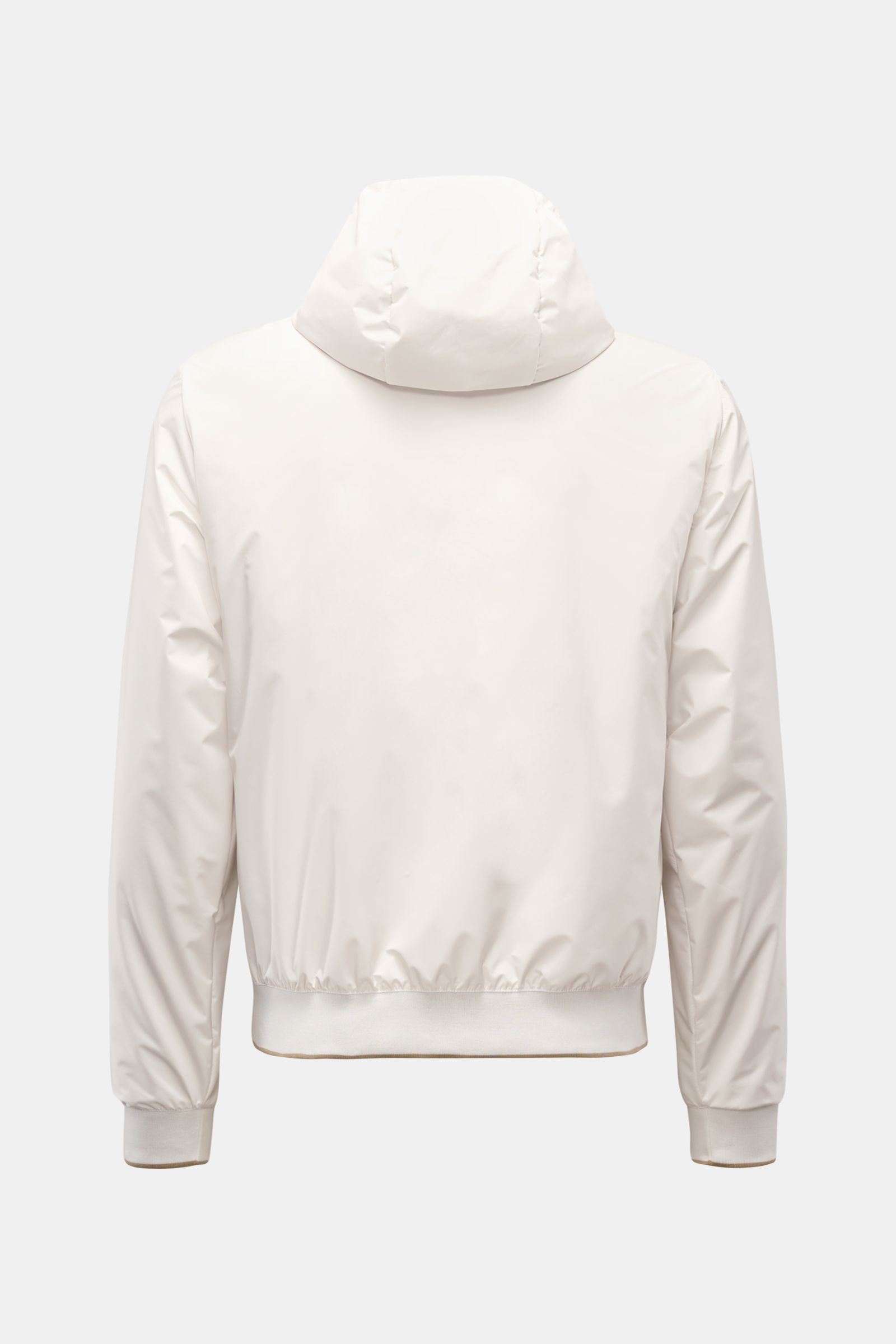 Rear view of the Moorer Wende-Blouson 'Dennys' offwhite/beige, a slim fit, water-repellent microfiber jacket with elastic cuffs and hem.

Description: Funktionaler Outdoor-Luxus: Mit seinem wendbaren Design vereint der Blouson von MOORER Flexibilität u